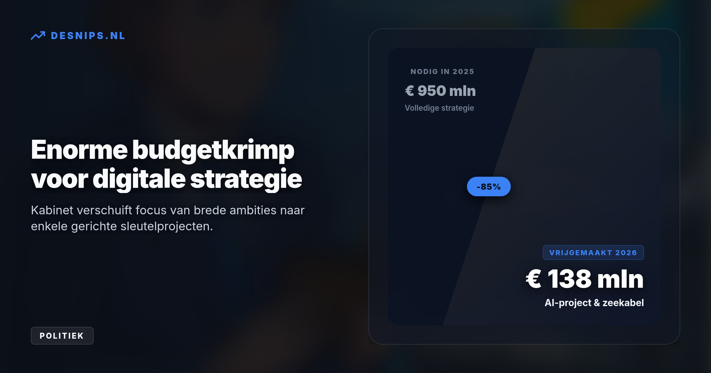 Wegens geldgebrek vervallen ambities zoals de overheidscloud. Wel gaat er 138 miljoen euro naar een Groningse AI-fabriek en zeebodemonderzoek.