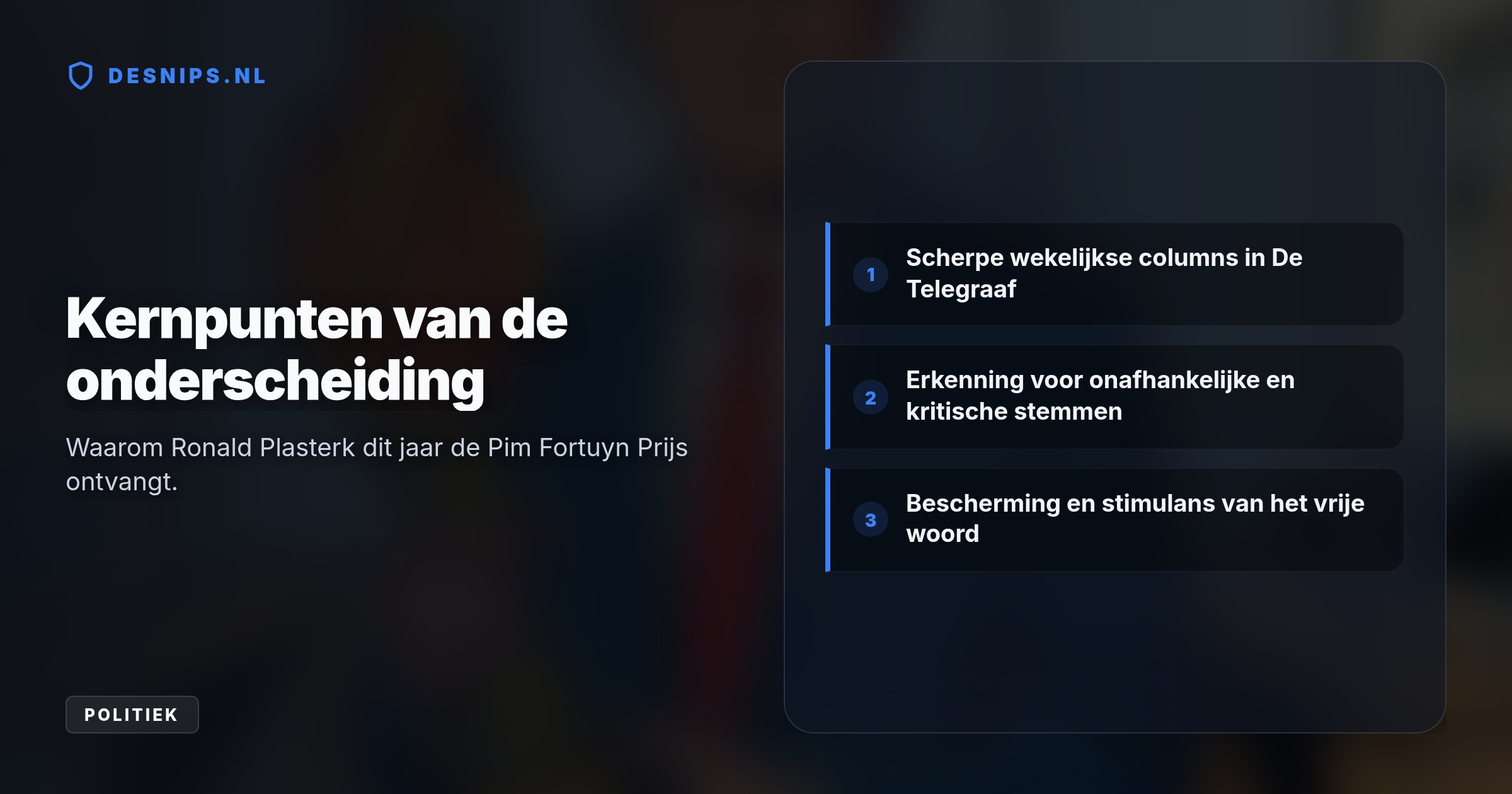 De jury eert de voormalig PvdA-bewindsman om zijn scherpe pen en wekelijkse tegendraadse bijdragen, waarmee hij de Haagse politieke elite een spiegel voorhoudt.