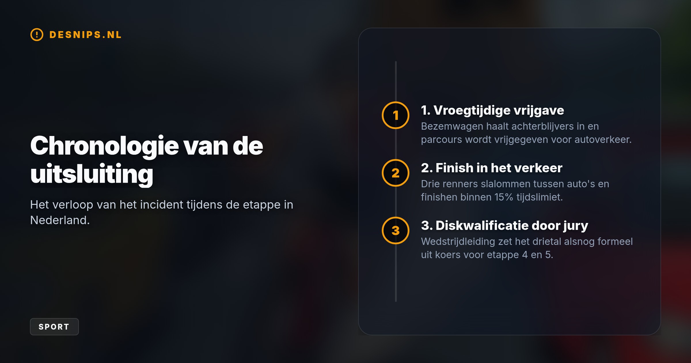 Hoewel hij ruimschoots binnen de tijdslimiet finishte, haalde de bezemwagen de wielrenner in. Omdat het parcours al werd vrijgegeven, sloot de jury hem uit.
