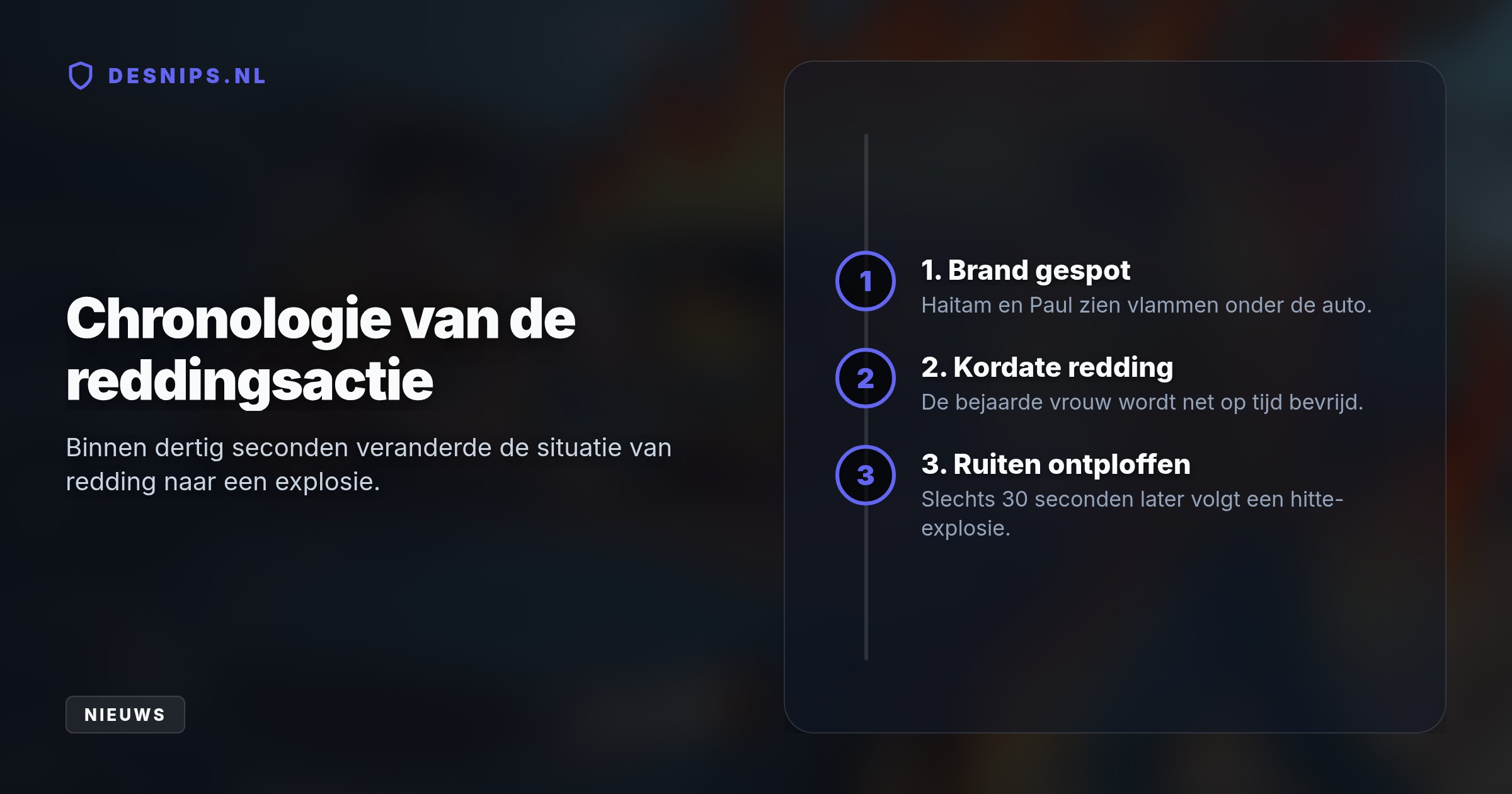 Terwijl medeweggebruikers doorreden, trokken twee jonge helden een bejaarde vrouw net op tijd uit haar brandende auto. Slechts dertig seconden later explodeerden de ruiten.