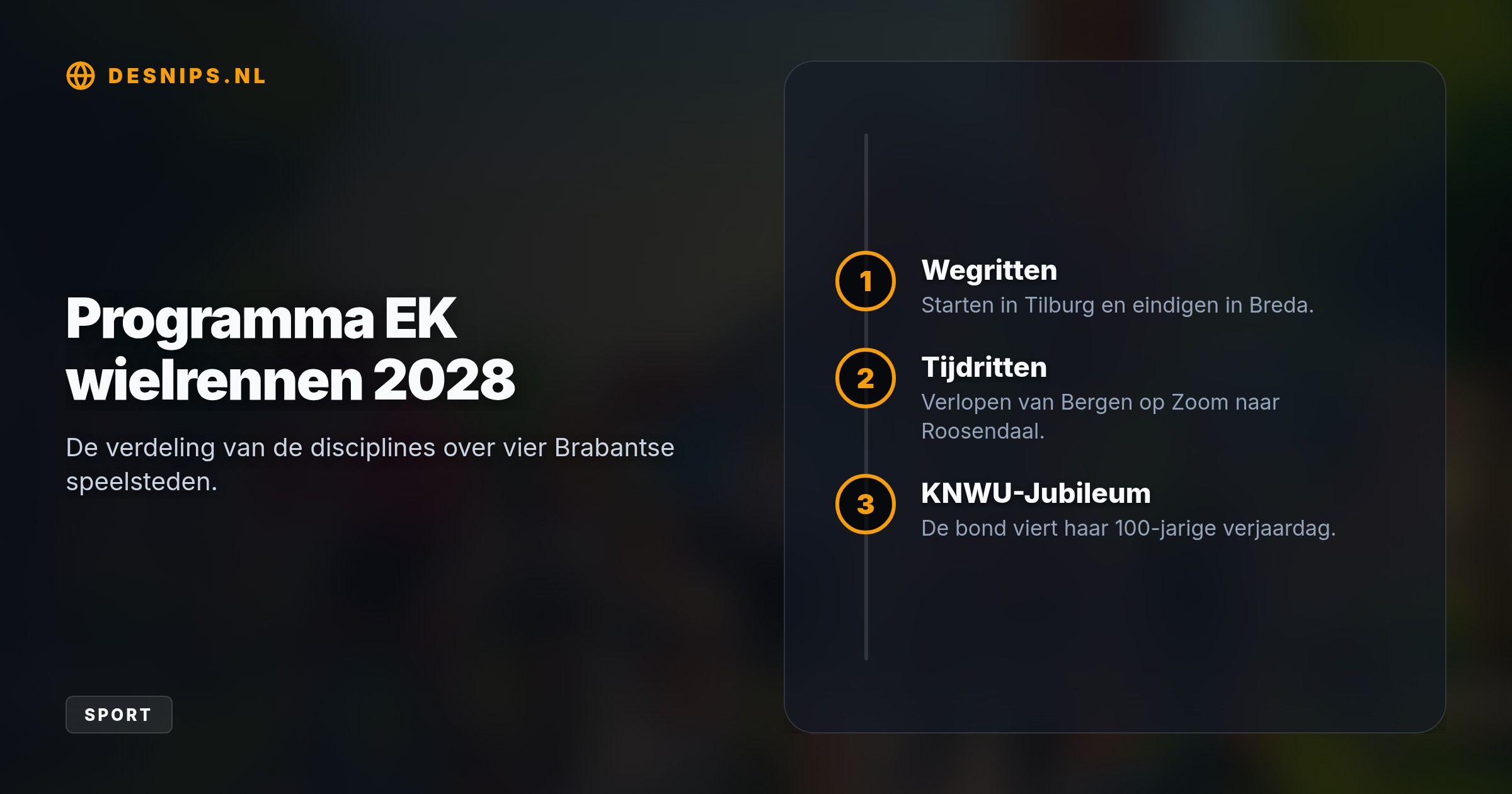 Het grote vijfdaagse sportevenement in Noord-Brabant viert het 100-jarige jubileum van de wielerbond KNWU, waarbij de tijdritten tussen Bergen op Zoom en Roosendaal gereden worden.