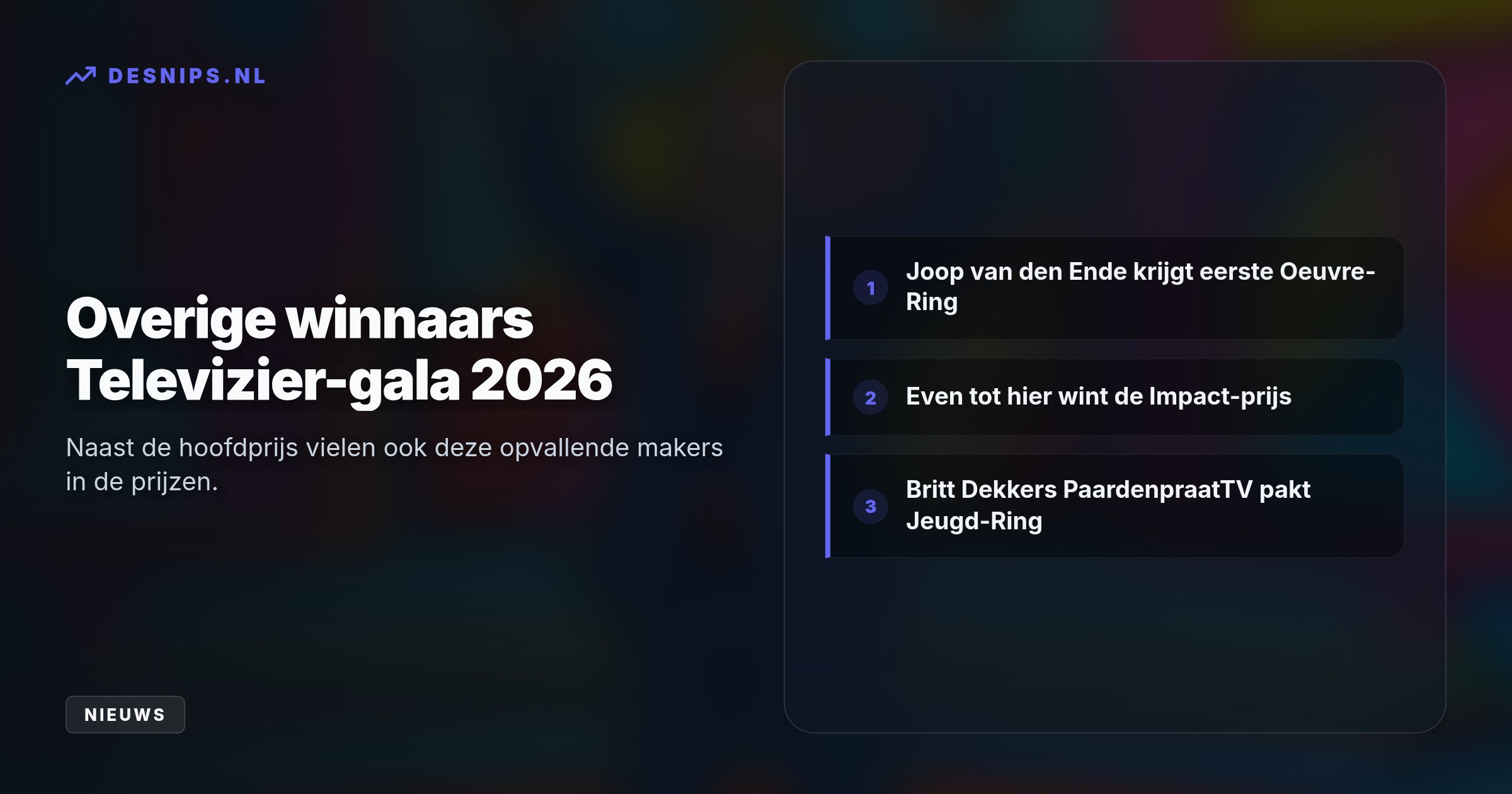 Het realityprogramma versloeg Kassa en Woeste Grond tijdens de 61e editie in Carré, terwijl Joop van den Ende werd geëerd met een oeuvreprijs.