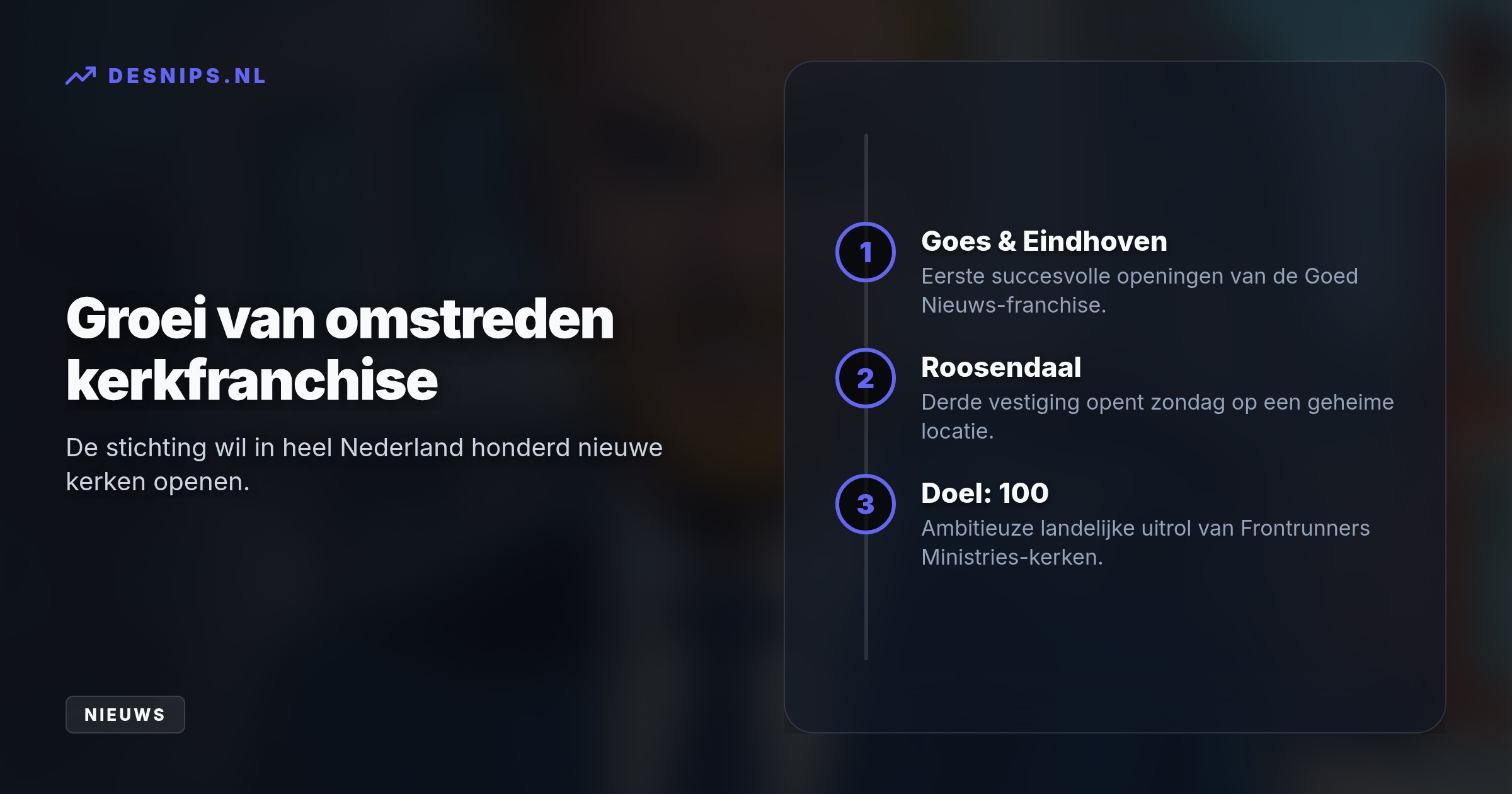 Het nieuwe filiaal 'Goed Nieuws Roosendaal' is onderdeel van een ambitieus franchiseplan om 100 kerken te stichten. De exacte locatie blijft angstvallig geheim voor de gemeente.