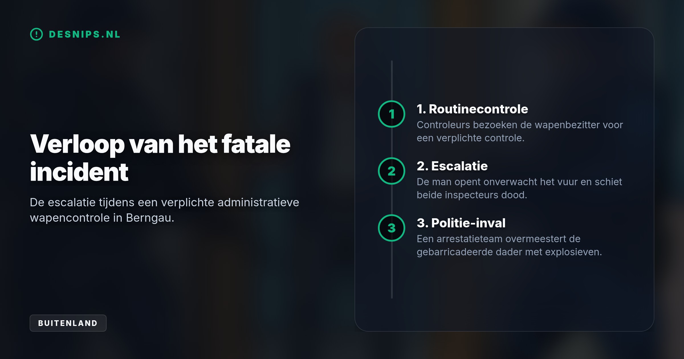 De routinecontrole op legaal wapenbezit liep gisteren fataal uit. De politie overmeesterde de zestigjarige dader diep in de nacht met explosieven.