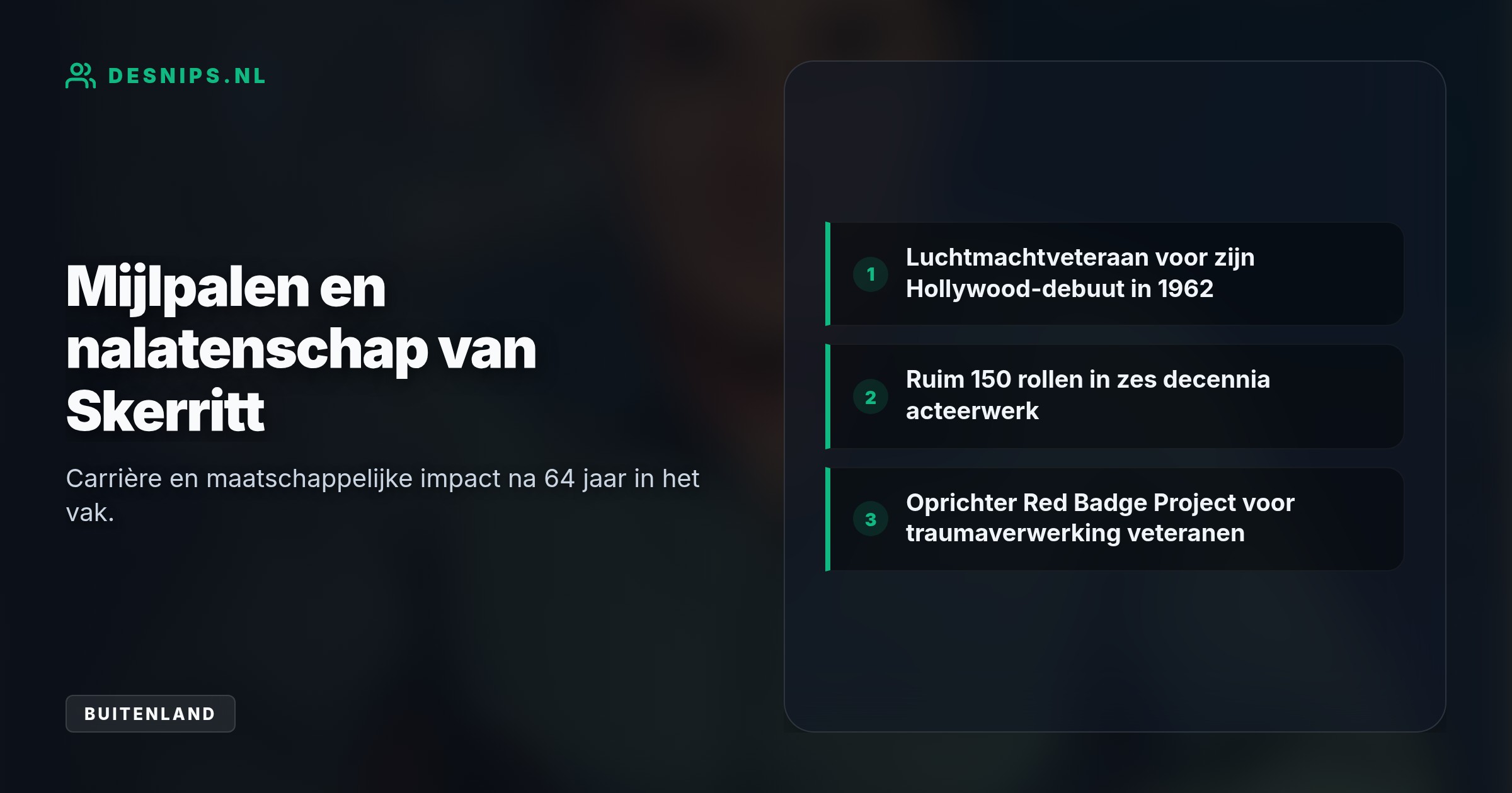 De Emmy-winnende karakteracteur met ruim 150 rollen stierf een natuurlijke dood. Buiten Hollywood ondersteunde hij veteranen met PTSS via schrijftherapie van het Red Badge Project.