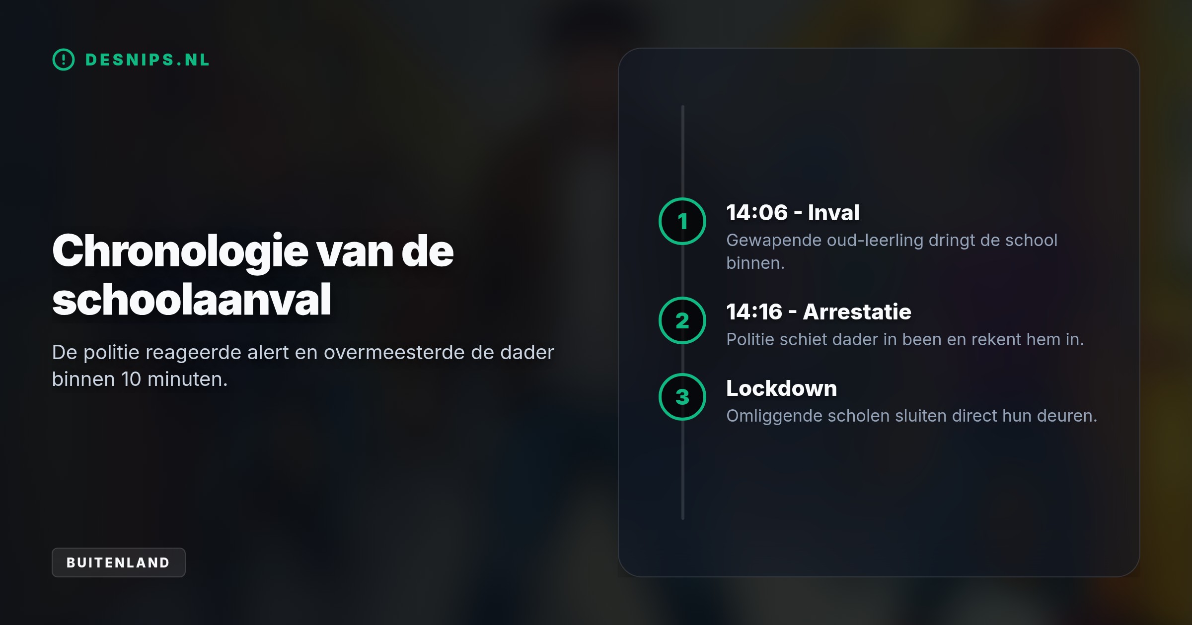Een 18-jarige oud-leerling met een geweldsverleden stormde met een zwaard de Brinellskolan binnen. De politie reageerde direct, schoot de dader neer en pakte hem op.
