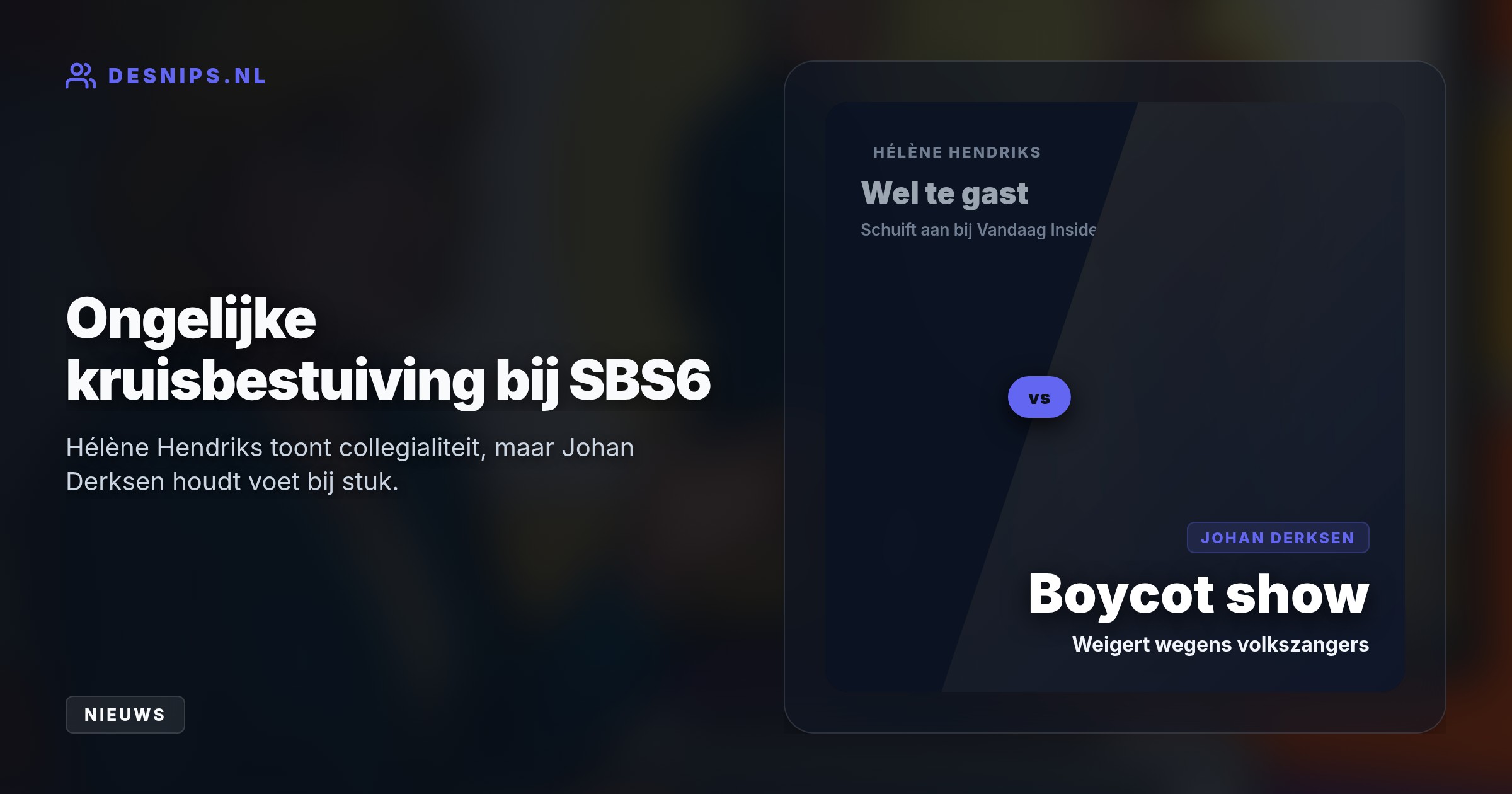 De kunstenares vindt het kinderachtig dat Derksen de talkshow De Oranjezomer weigert te bezoeken vanwege de optredende Nederlandstalige volkszangers, terwijl Hendriks wel bij hem aanschuift.