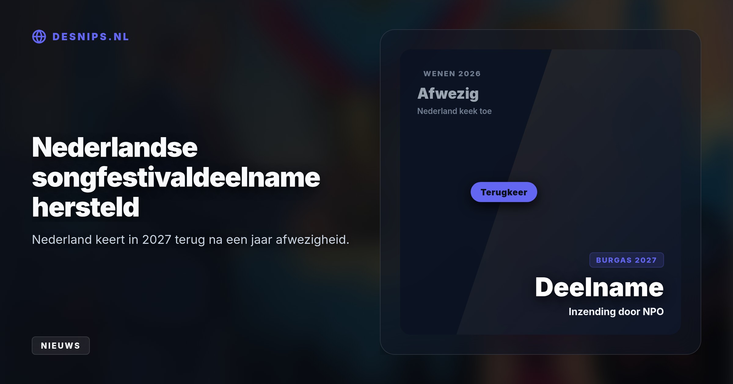 Omdat AVROTROS wegens het Gaza-conflict weigert en andere omroepen afhaken, neemt de NPO de organisatie zelf over om de Nederlandse songfestivaldeelname in 2027 te redden.