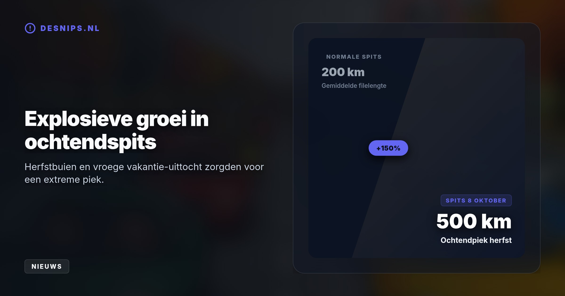 De ANWB verwacht vrijdag al vanaf het middaguur grote herfstvakantiefiles. Wegafsluitingen op de A2 richting het zuiden en herfstig weer verergeren de spitschaos aanzienlijk.