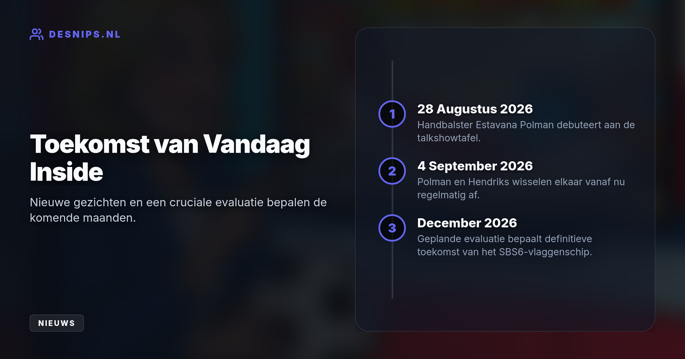 Hoewel ze voorspelt dat het SBS6-vlaggenschip zal stranden, is Hendriks niet gepolst door Talpa en heeft ze haar handen vol aan Europees voetbal bij Ziggo Sport.