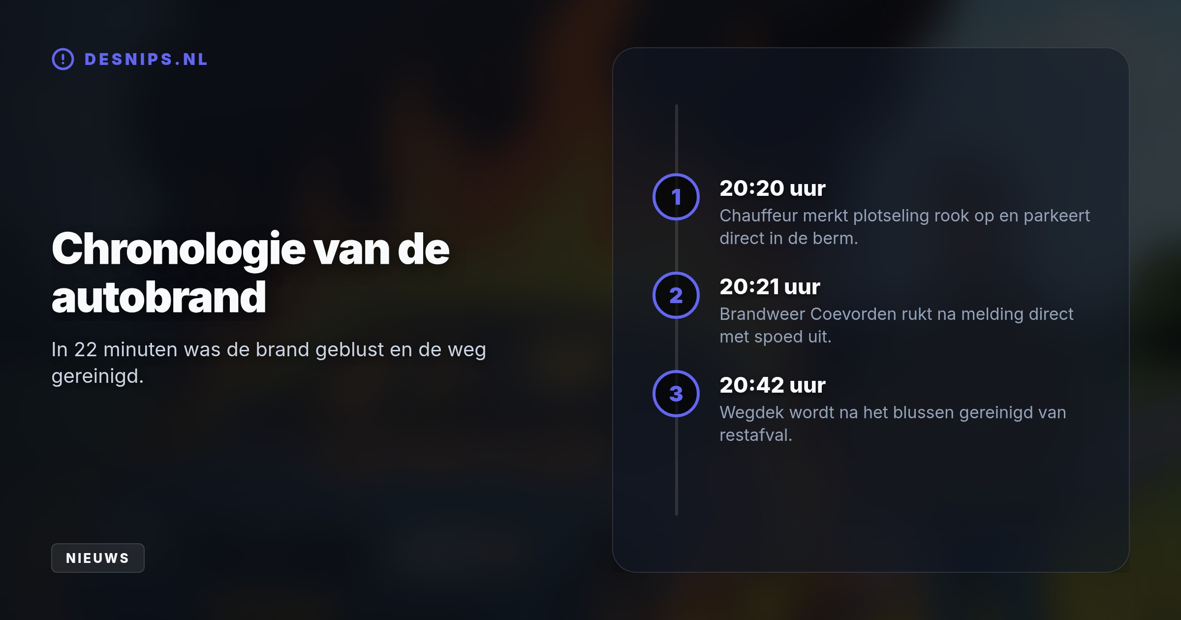 Nadat rook onder de motorkap vandaan kwam, parkeerde de chauffeur de wagen direct op de Eldijk. Binnen enkele minuten brandde de auto volledig uit.