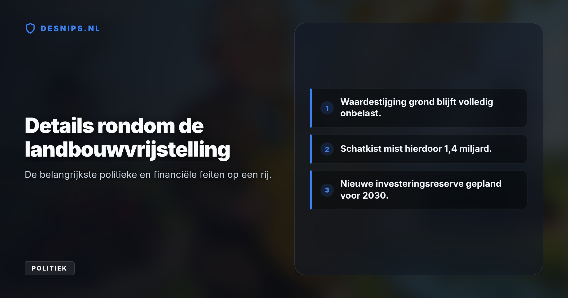 Staatssecretaris Eerenberg kiest voor rust in de agrarische sector. De fiscale regeling, die de waardestijging van landbouwgrond onbelast laat, blijft wegens de stikstofcrisis ongewijzigd.