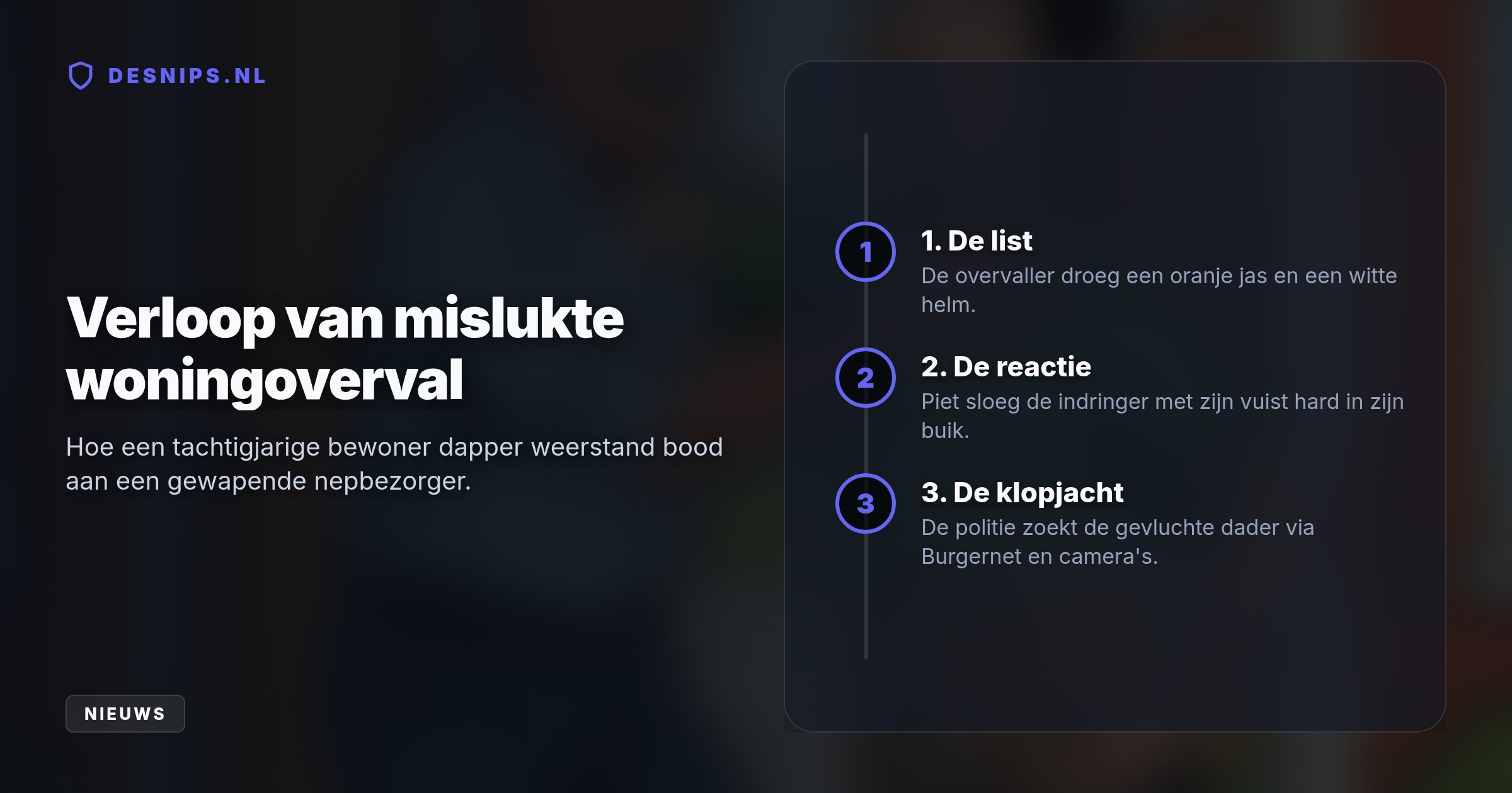 De dader deed zich voor als Thuisbezorgd-koerier, maar de kranige tachtiger weigerde slachtoffer te worden. Na een fysieke worsteling vluchtte de overvaller zonder buit.