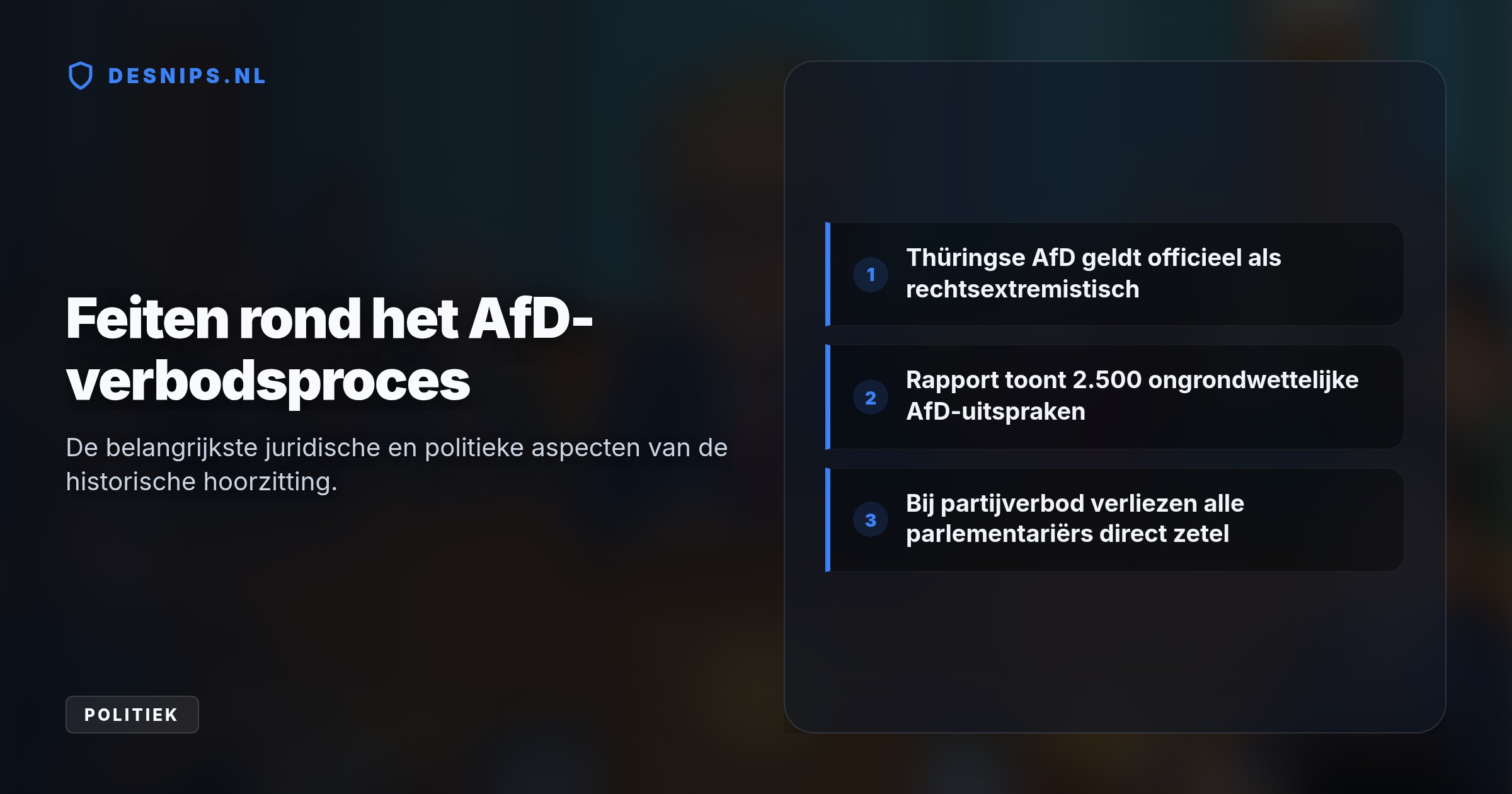 De oppositie eist een partijverbod wegens bewezen extremisme. Bij een verbod verliezen alle AfD-parlementariërs direct hun zetel, gesteund door 2500 gedocumenteerde ongrondwettelijke uitspraken.