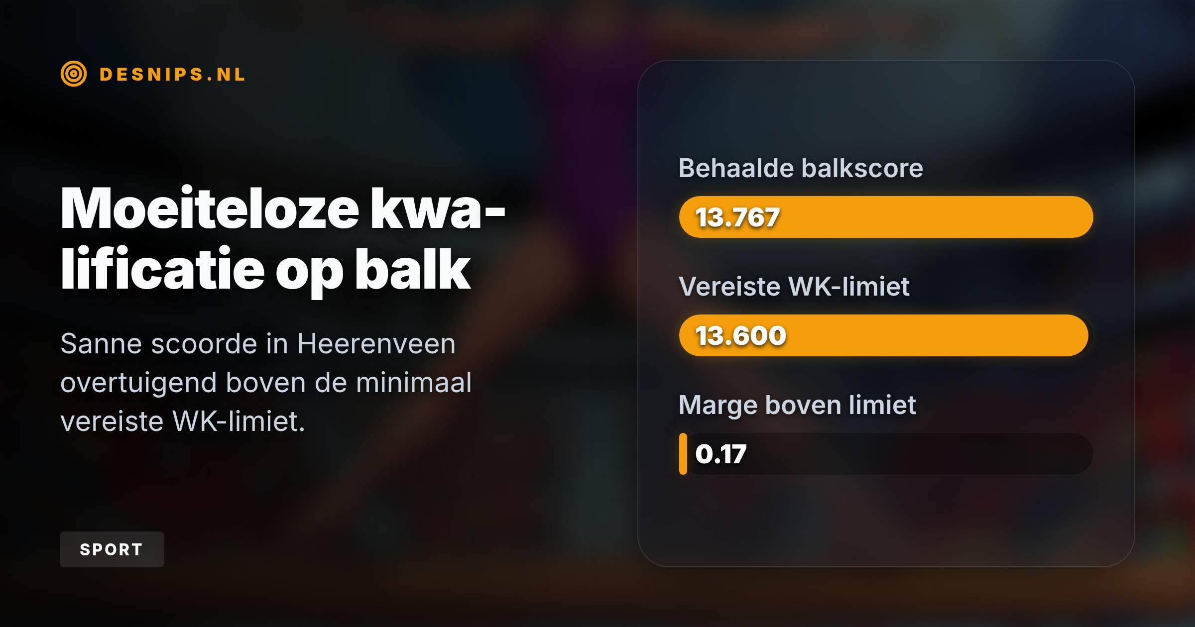 De 34-jarige olympisch kampioene scoorde in Heerenveen 13,767 op balk, ruim boven de limiet. Het EK in Zagreb is haar opstap naar het WK in Rotterdam.