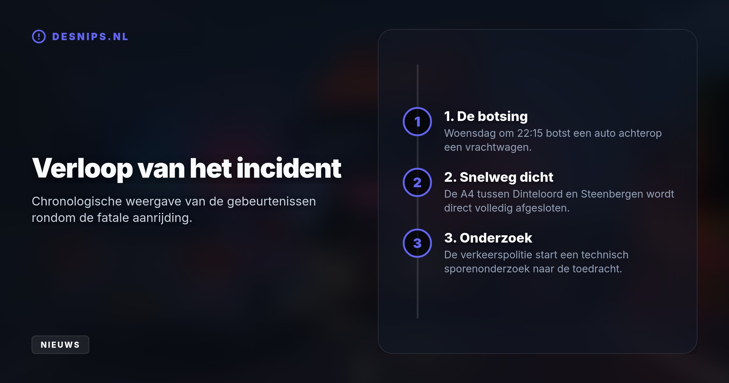 Een auto botste woensdagnacht achterop een vrachtwagen op de Brabantse snelweg A4. De weg richting Bergen op Zoom werd urenlang afgesloten voor politieonderzoek.