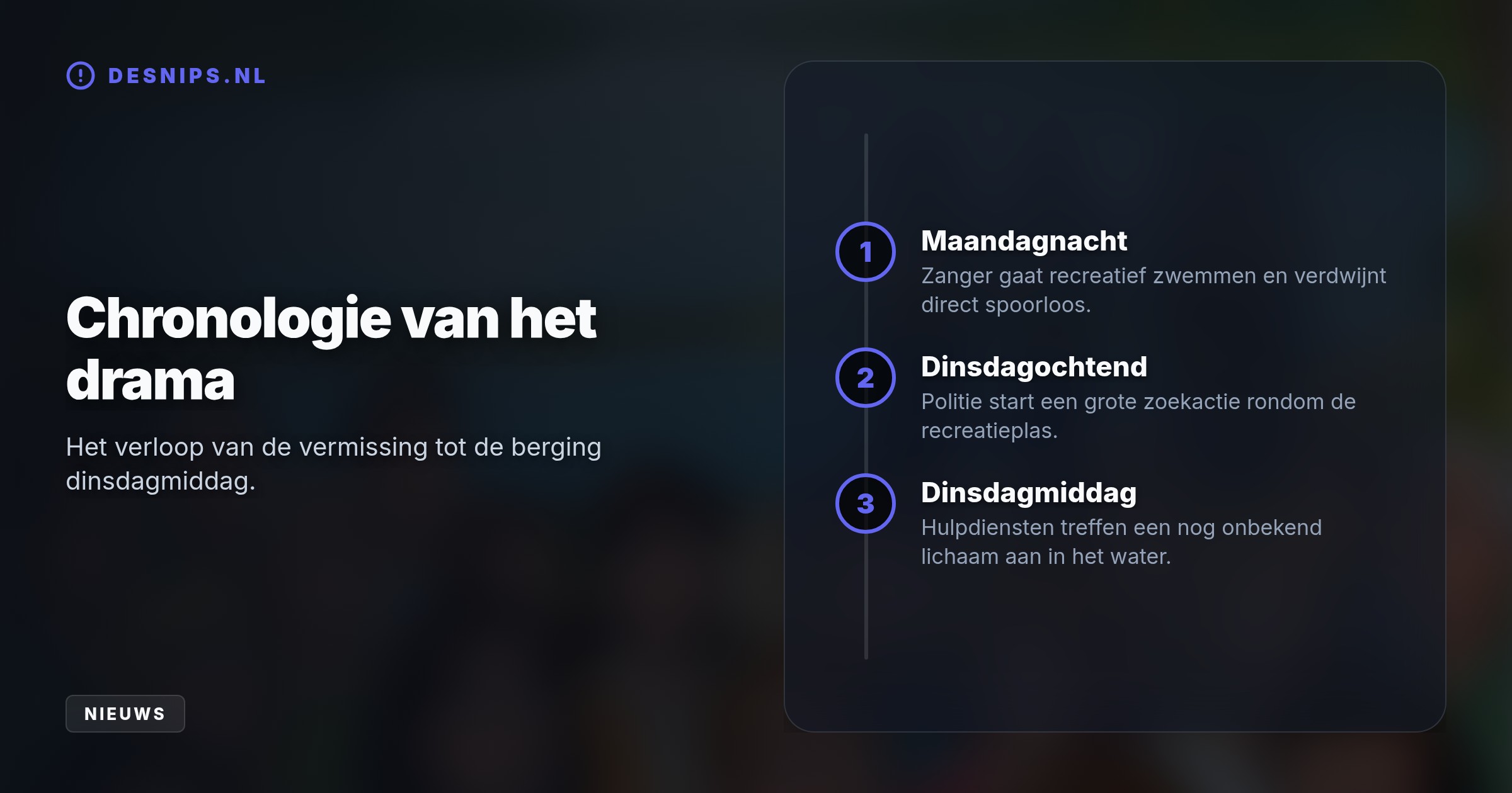 De politie zocht met spoed naar de 43-jarige zanger nadat hij ging zwemmen en niet meer bovenkwam. Geëmotioneerde naasten hebben zich bij de recreatieplas verzameld.