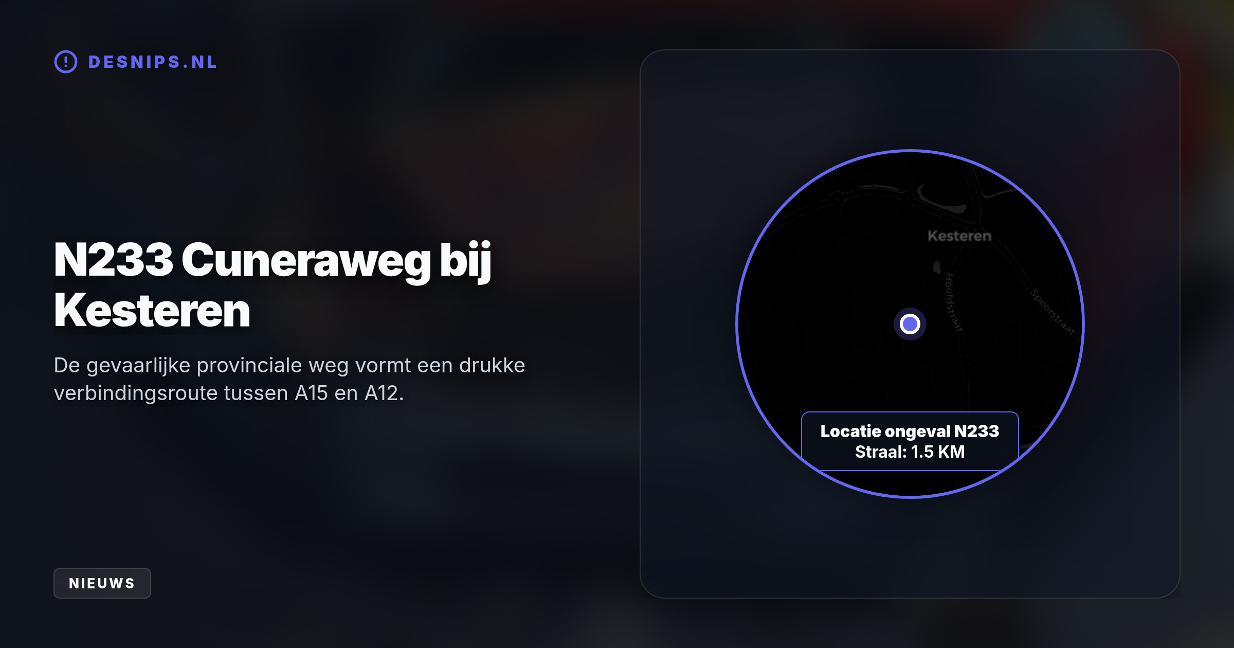 Op de Cuneraweg bij Kesteren botsten twee auto's frontaal, waarbij een motorblok loskwam. De weg bleef uren dicht voor sporenonderzoek.