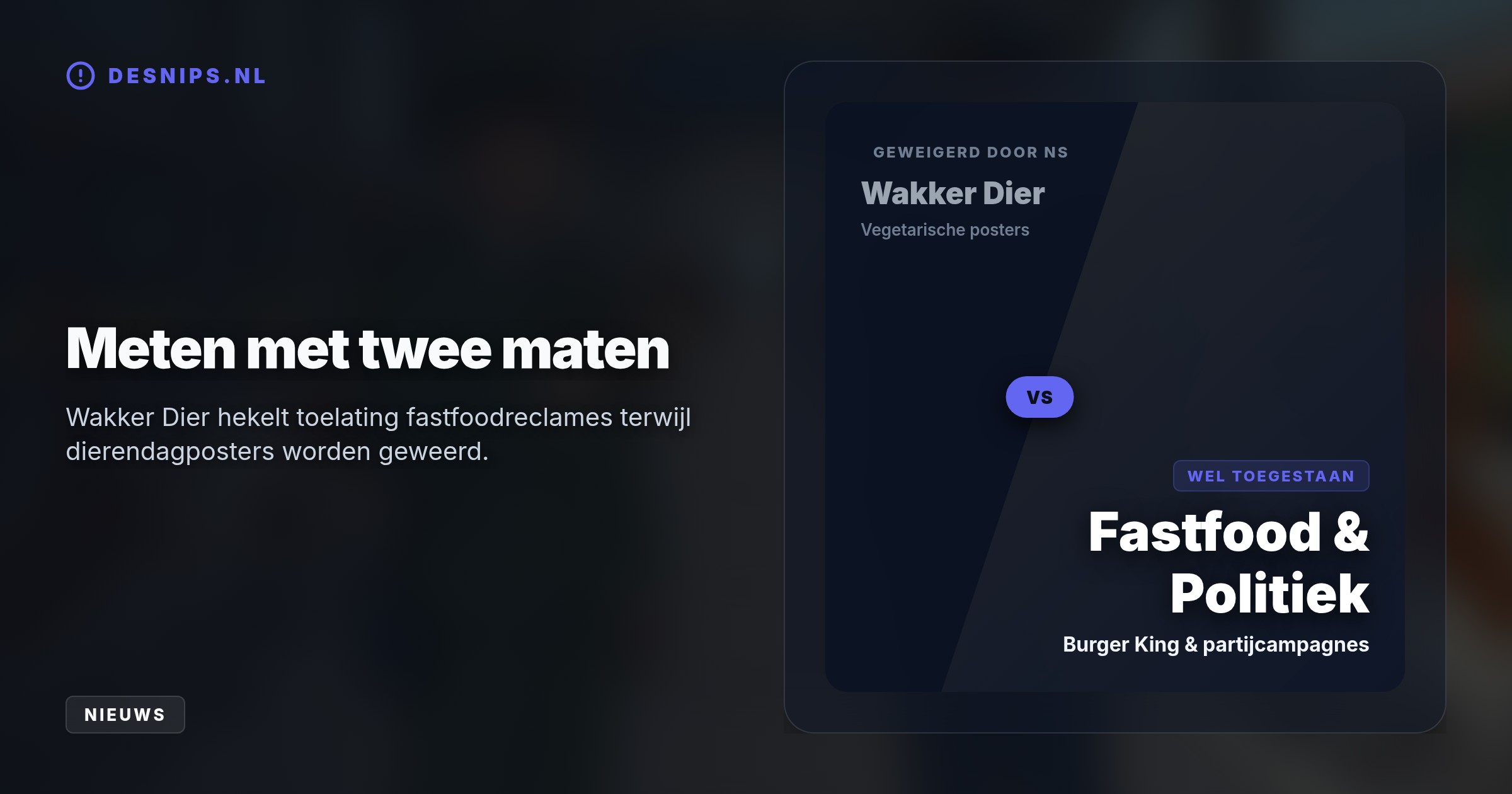 De NS weigert de 'Eet Geen Dierendag'-campagne op 400 stations omdat de oproep te controversieel zou zijn. Wakker Dier eist nu via een kort geding toelating.