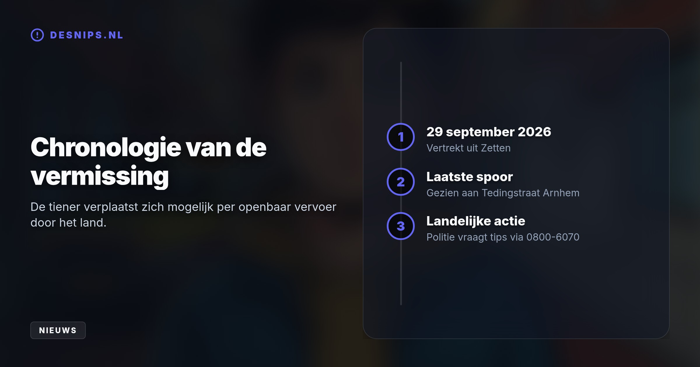 De tiener verdween op 29 september uit Zetten en is voor het laatst gezien in Arnhem. Omdat misdrijf niet wordt vermoed, roept de politie iedereen op alert te zijn.
