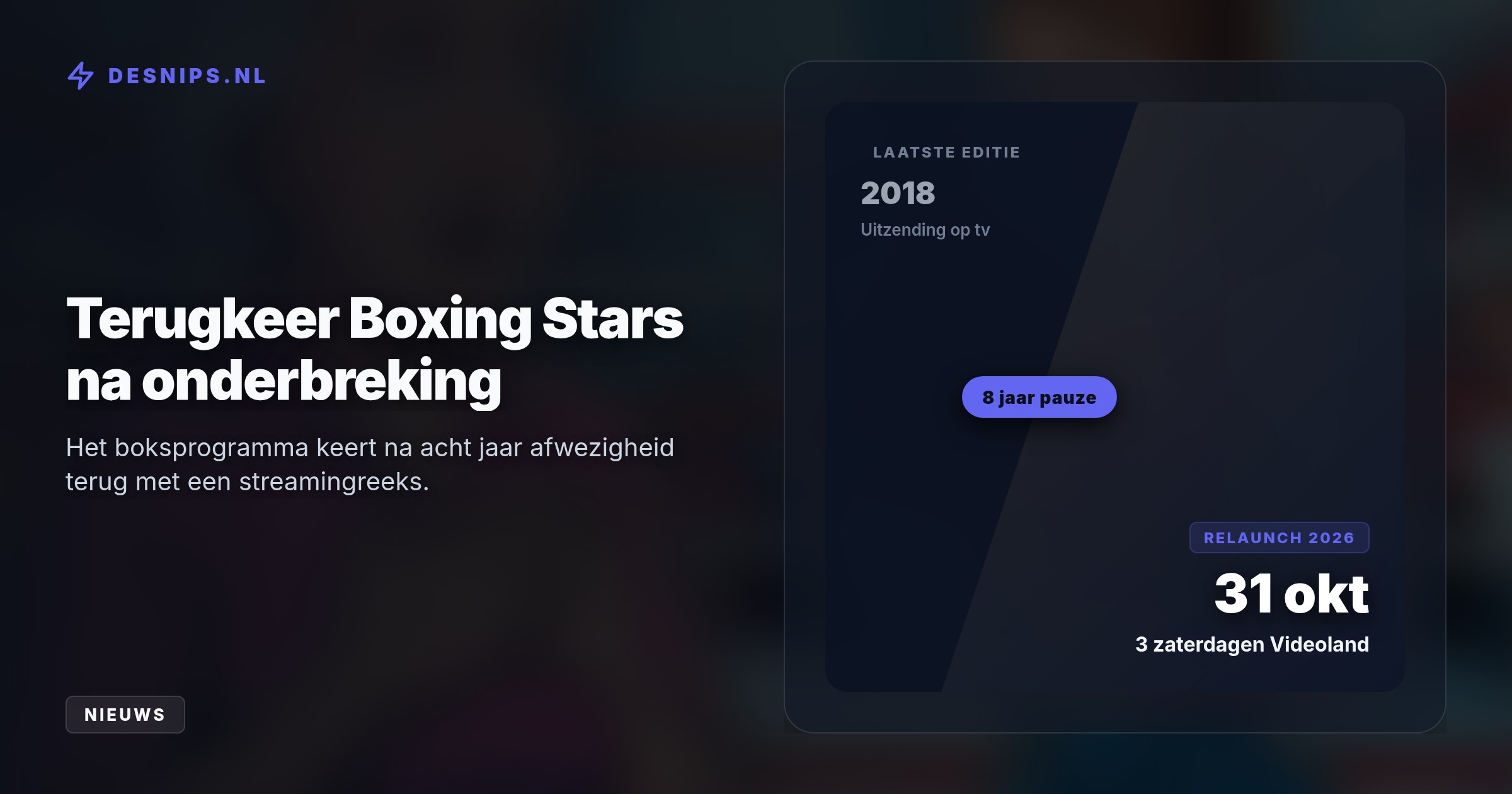 Na een blessure door overtraining haakt Sylvia Geersen af. Patty Brards dochter Priscilla Nasi (43) stapt vanaf 31 oktober onverwacht de ring in op Videoland.