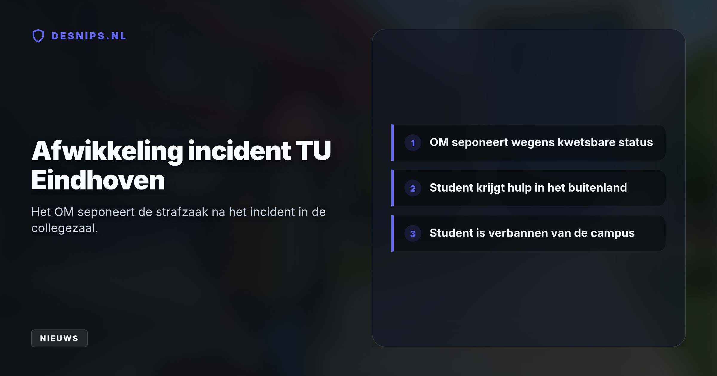 Het OM seponeert de zaak omdat de student als kwetsbaar wordt gezien. Hij heeft Nederland verlaten om in het buitenland professionele hulp te zoeken en is niet langer welkom op de TU/e.
