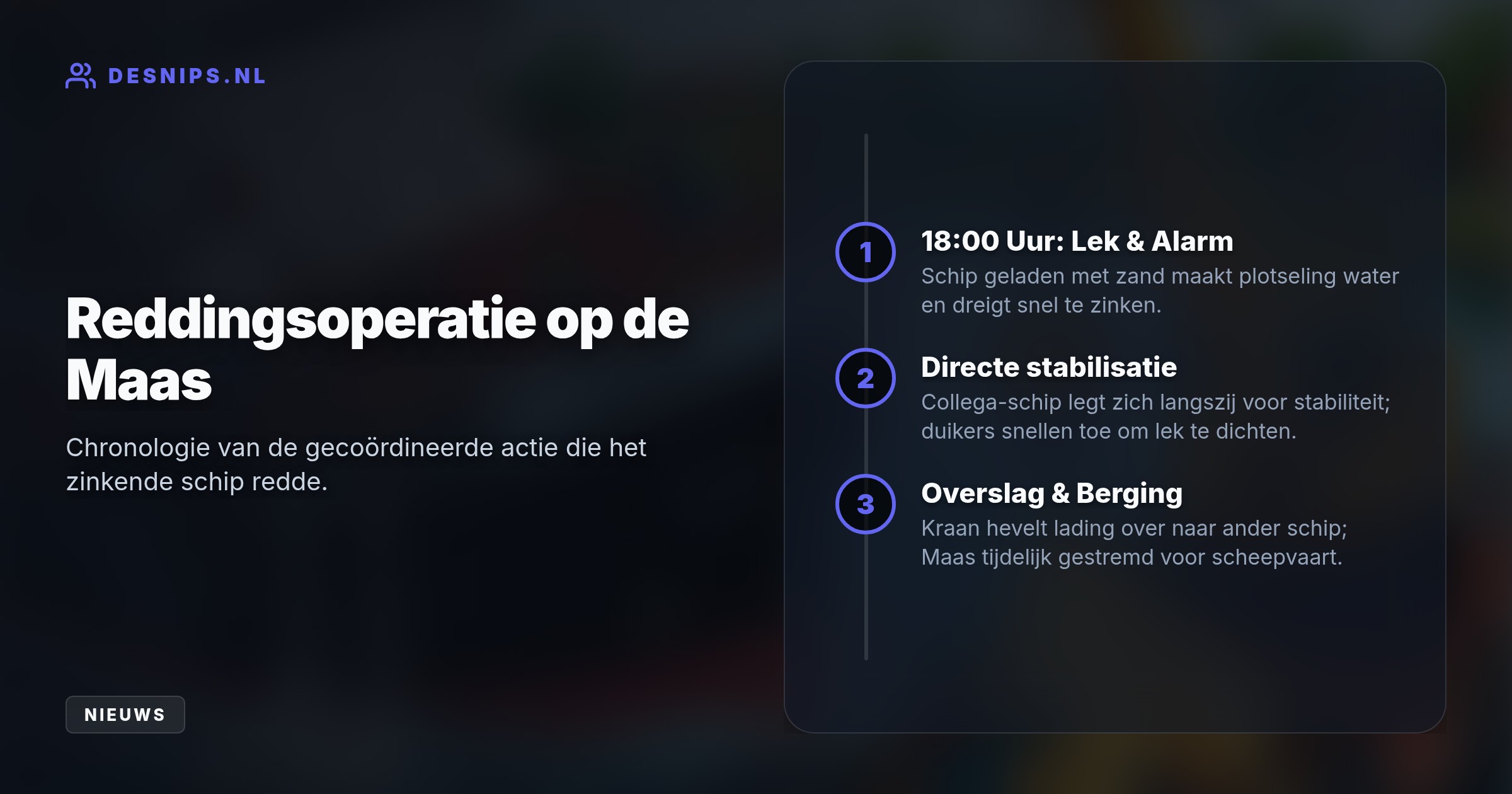 Door de lading zand snel over te slaan naar een ander schip en het lek direct te dichten, bleef de boot drijven. Het scheepvaartverkeer op de Maas werd tijdelijk volledig gestremd.