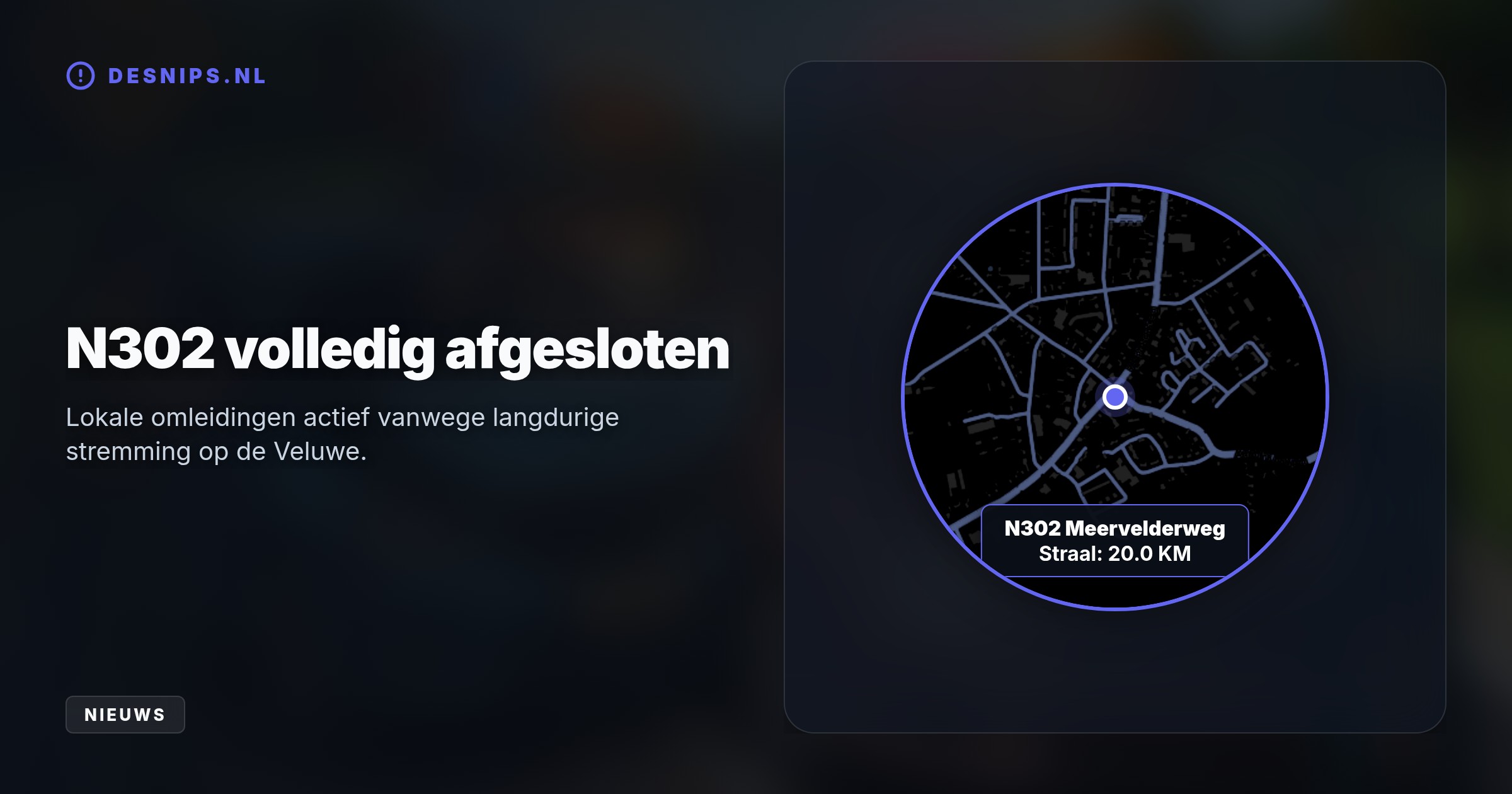 De N302 tussen Harderwijk en Kootwijk is in beide richtingen dicht na een hevige botsing. Drie slachtoffers liggen in het ziekenhuis; de politie onderzoekt de exacte toedracht.