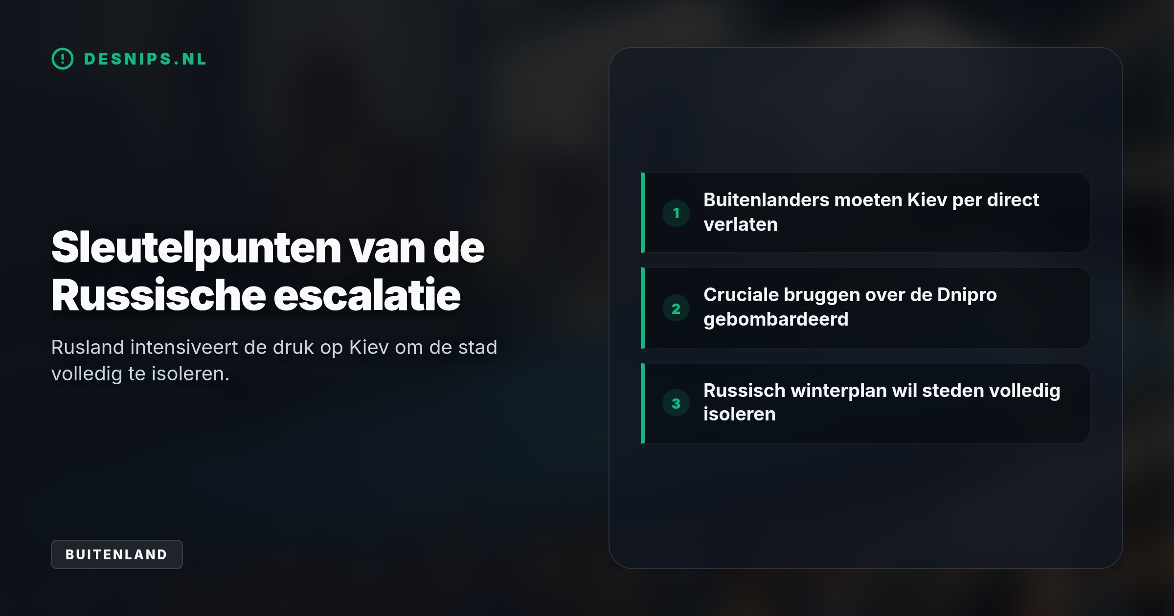 De escalatie volgt op bombardementen op cruciale bruggen. Rusland wil hiermee Kiev deze herfst isoleren door stroom- en waterleidingen systematisch te vernielen.