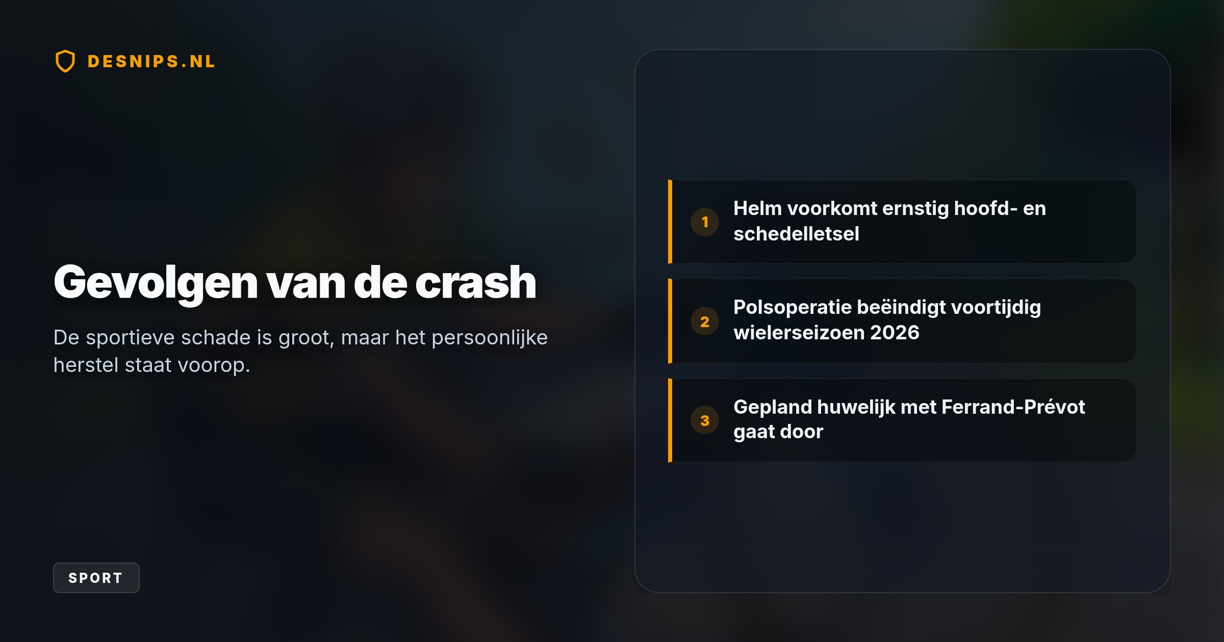 De wielrenner botste in Tiel op een auto en moet aan zijn pols worden geopereerd. Een CT-scan sloot hersenletsel uit, waardoor zijn naderende huwelijk niet in gevaar komt.