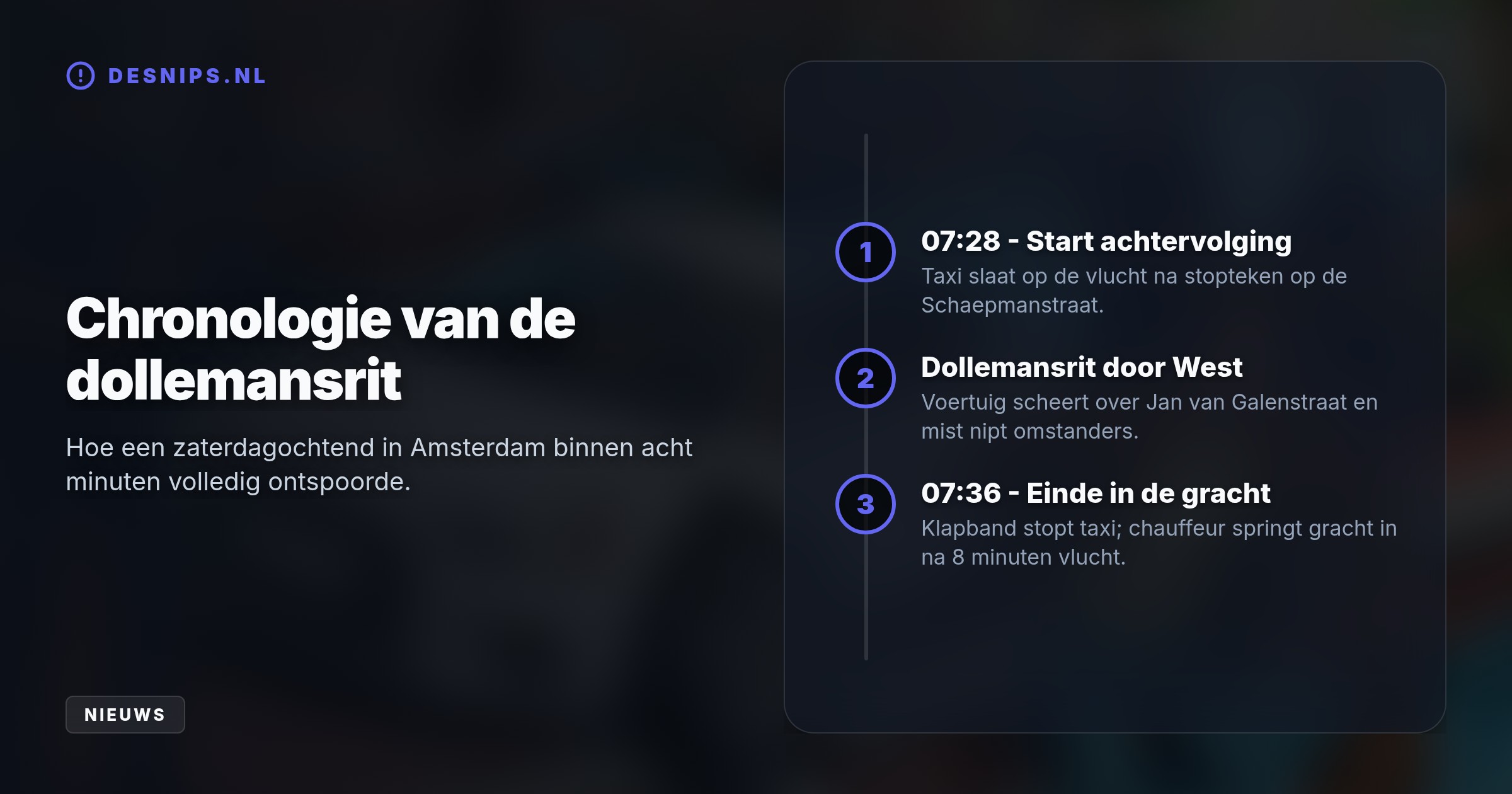 Na een dollemansrit door Amsterdam-West wegens vermoedelijke drugshandel crashte de taxi. De chauffeur sprong het water in om drugs te dumpen, maar werd direct met drie inzittenden ingerekend.