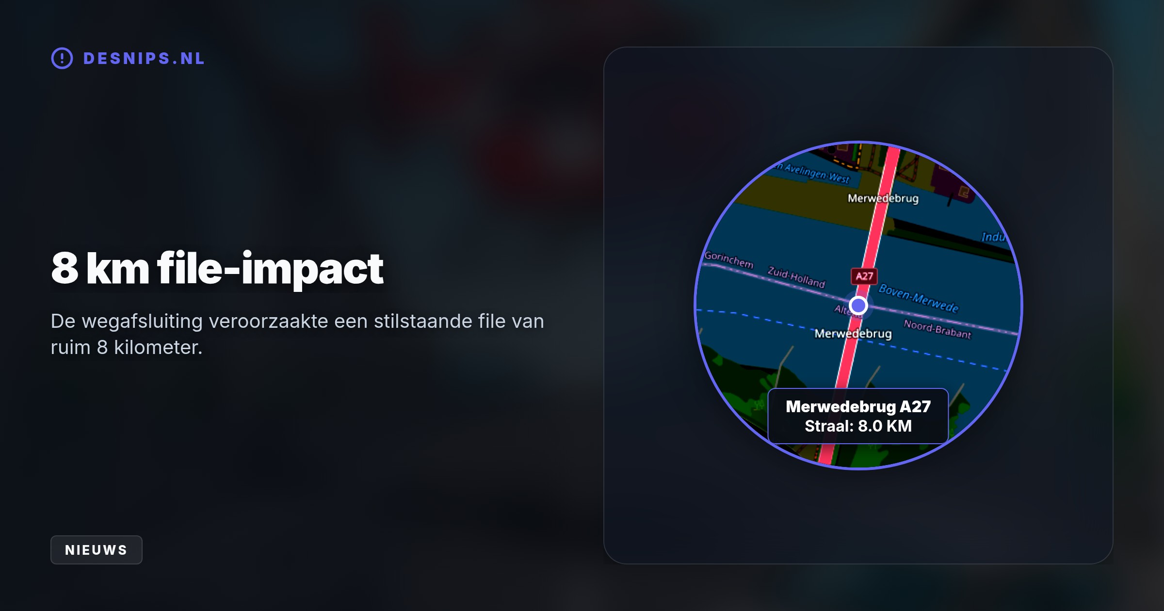 Na een botsing tussen een motor en auto landde een traumahelikopter op de Merwedebrug. De tijdelijke afsluiting leidde tot acht kilometer file en ruim een uur vertraging richting Breda.