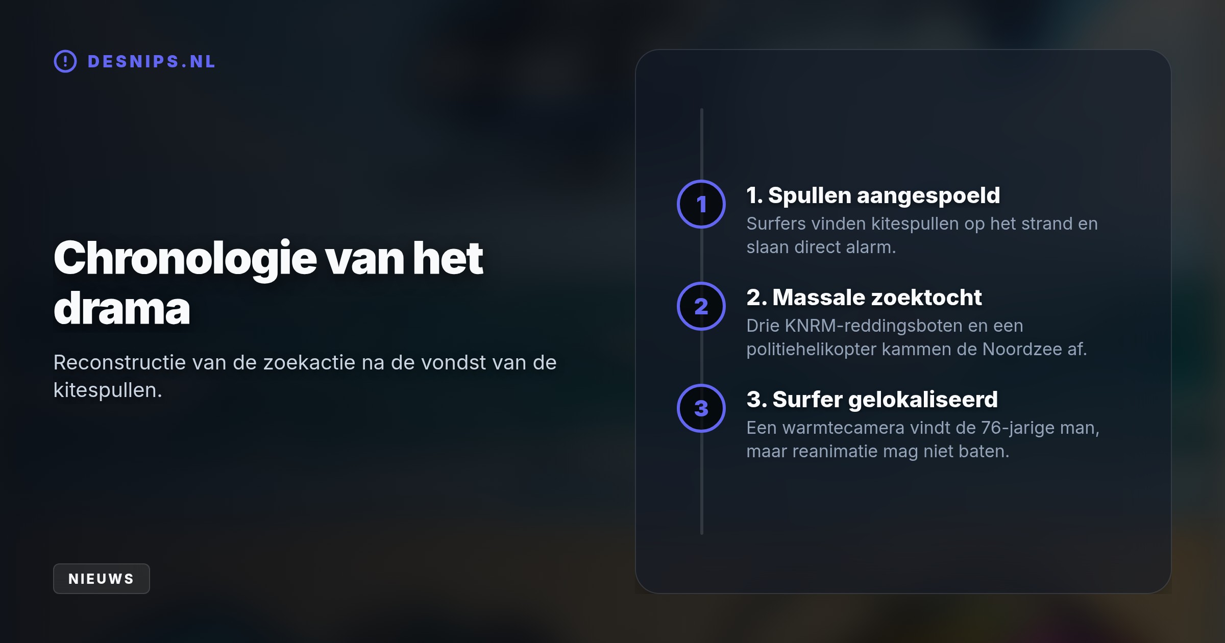 Nadat rondslingerende kitespullen op het strand werden gevonden, startten hulpdiensten een zoekactie. Een helikopter vond de man met een warmtecamera, maar hulp kwam te laat.