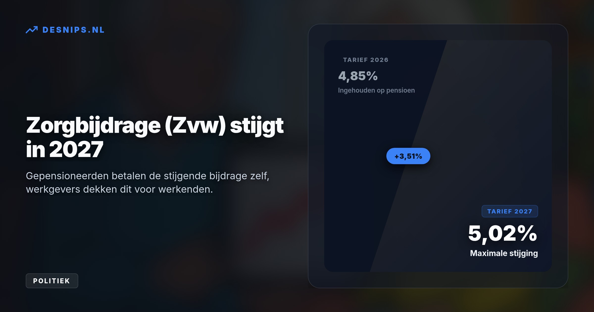 Terwijl werkenden worden ontzien, stijgt de Zvw-bijdrage voor gepensioneerden naar 5,02%. Ook een hogere belasting in de eerste schijf raakt hun koopkracht.