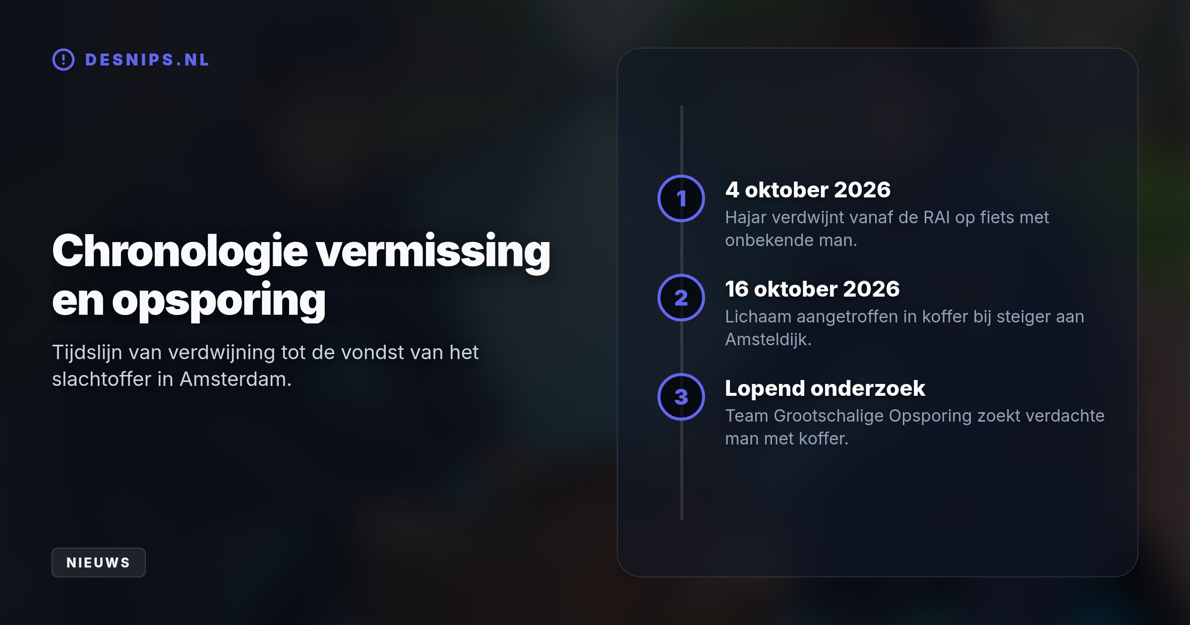 Na 12 dagen vermissing is haar lichaam vermoedelijk in een koffer gevonden bij een steiger. Het rechercheteam zoekt een verdachte man met een koffer.
