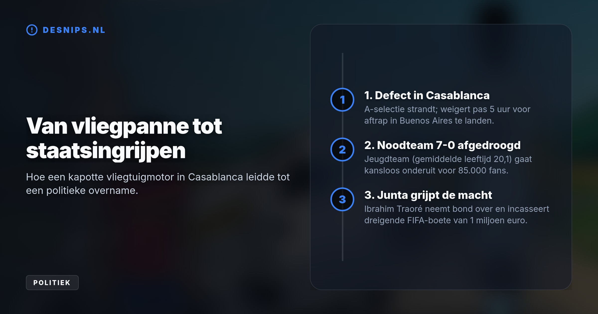 Een kapot vliegtuig strandde de A-selectie in Casablanca, waarna een gehaast jeugdteam met 7-0 verloor van Argentinië. President Traoré nam daarop de bond over.