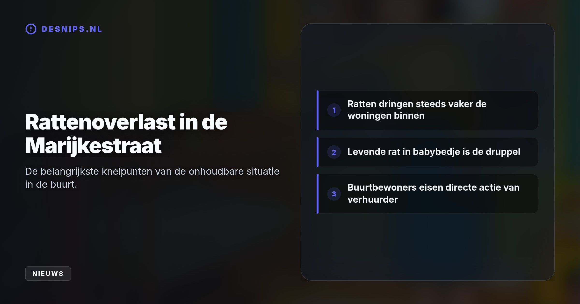 In de Marijkestraat dringen ratten steeds vaker woningen binnen. Na de vondst van een rat in een babybedje eisen de getergde bewoners nu direct ingrijpen van de gemeente.