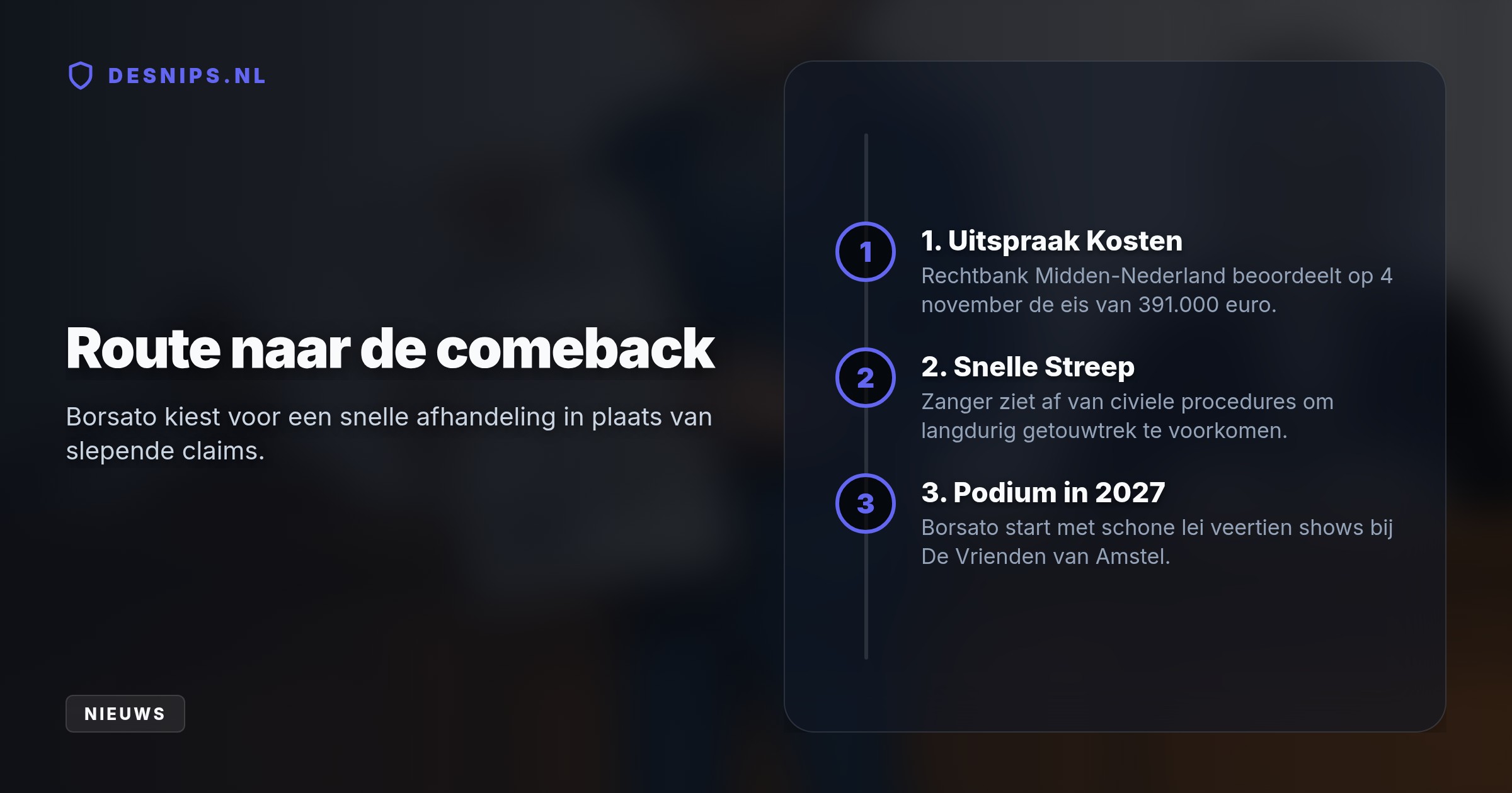 Na zijn volledige vrijspraak eist de zanger 391.000 euro terug van de Staat. Hij ziet af van een schadeclaim voor gederfde inkomsten om een jarenlange procedure te vermijden.