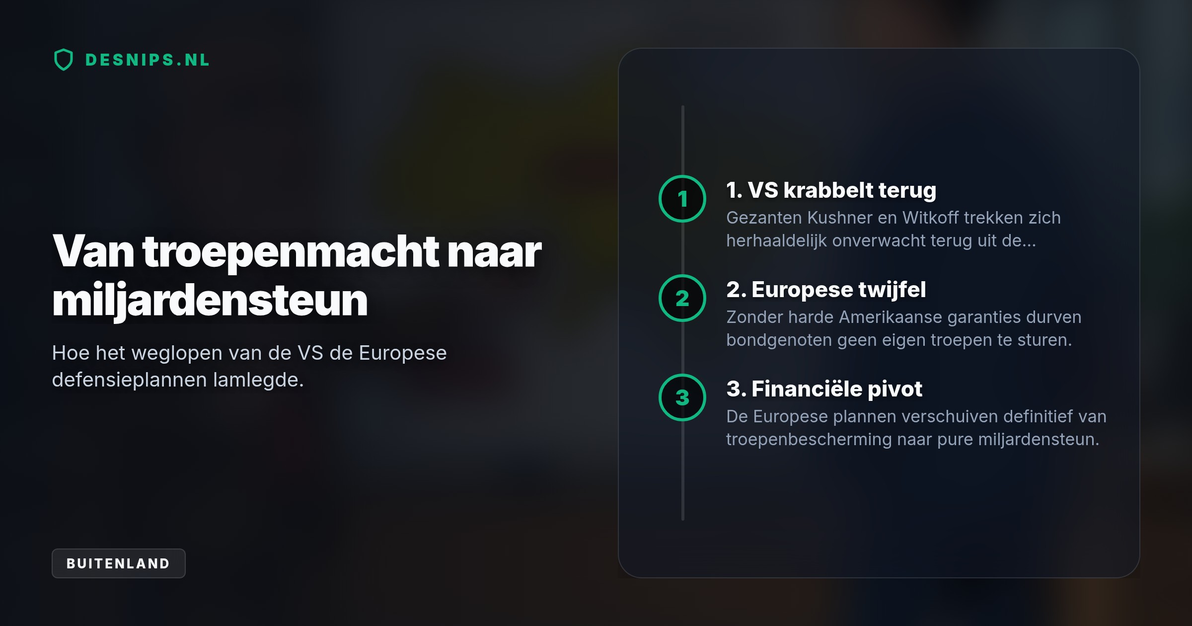 Oud-premier Dick Schoof stelt dat Trumps gezanten Kushner en Witkoff steeds terugkrabbelden. Zonder harde Amerikaanse garanties durft Europa geen troepenmacht te sturen.