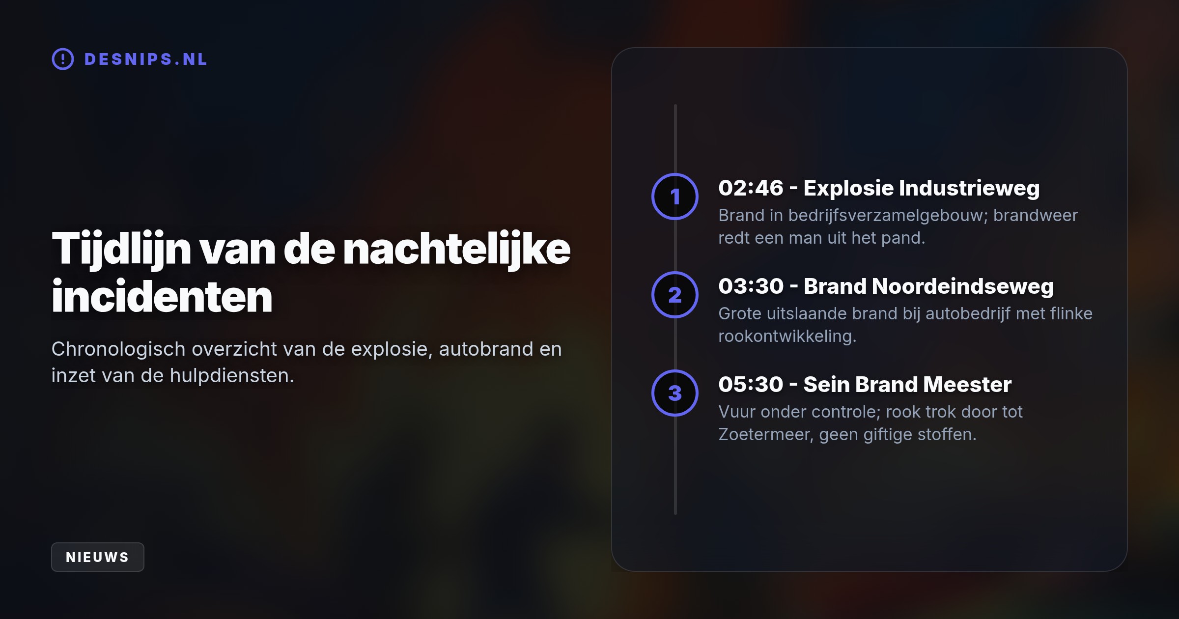 Een explosie op de Industrieweg en een grote uitslaande brand bij een autobedrijf aan de Noordeindseweg zorgden voor overlast tot in Zoetermeer. De politie onderzoekt de oorzaak.
