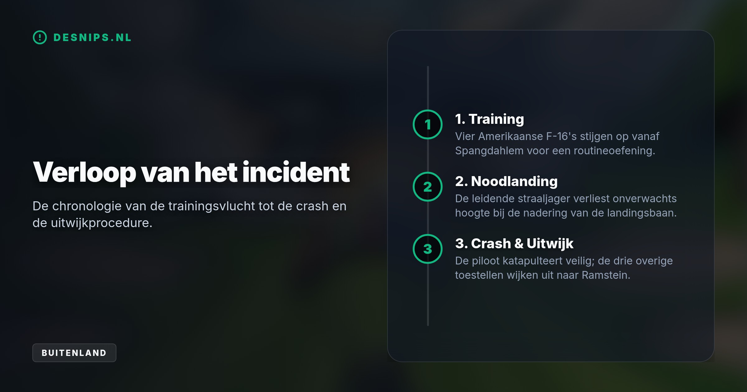 De straaljager verloor tijdens de landingspoging plotseling hoogte en stortte neer vlak naast de weg B50. De overige drie toestellen moesten uitwijken naar Ramstein.