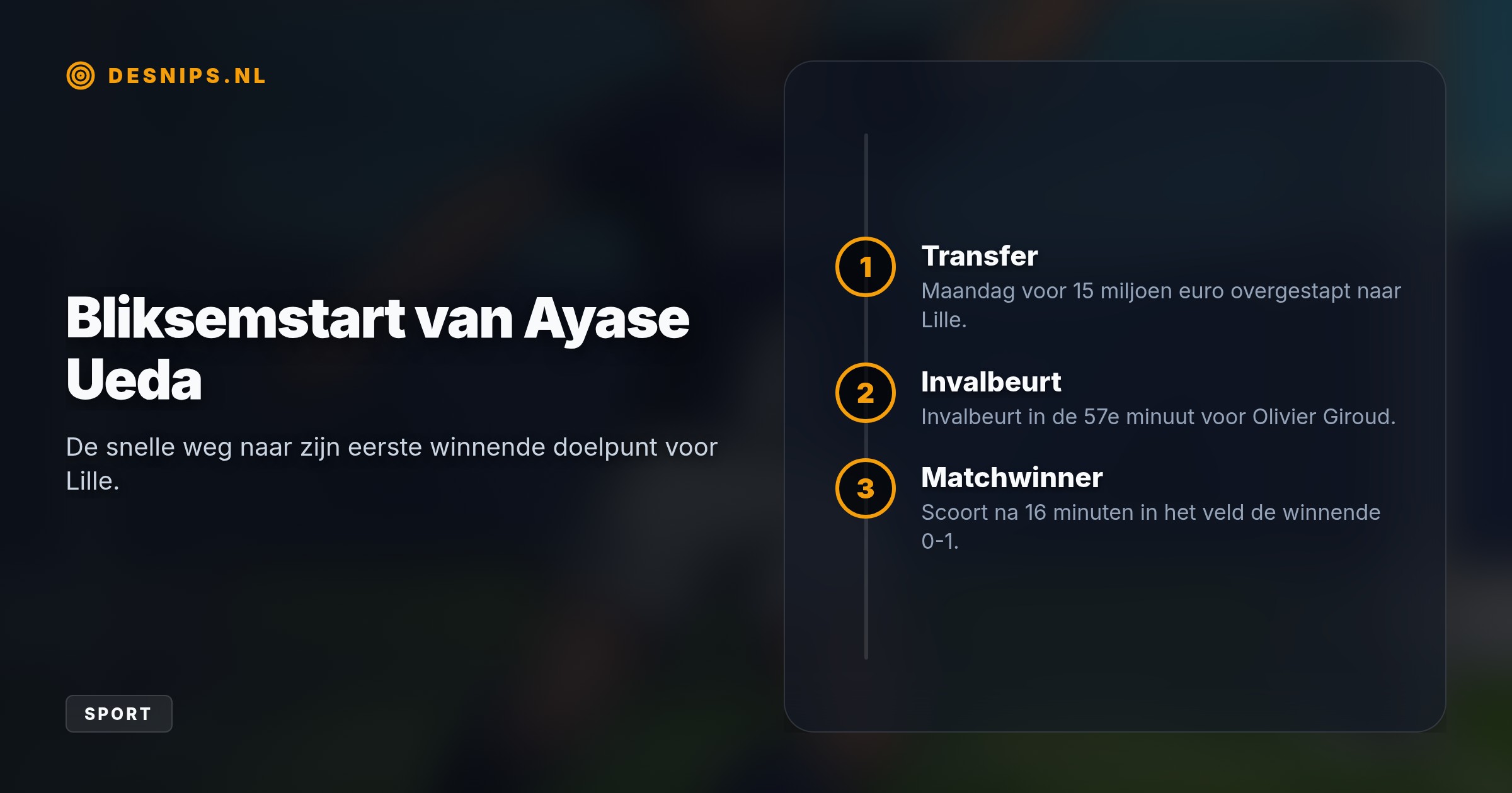 Drie dagen na zijn transfer van 15 miljoen euro valt de Japanse spits in en kopt in de 73e minuut de beslissende 0-1 binnen.