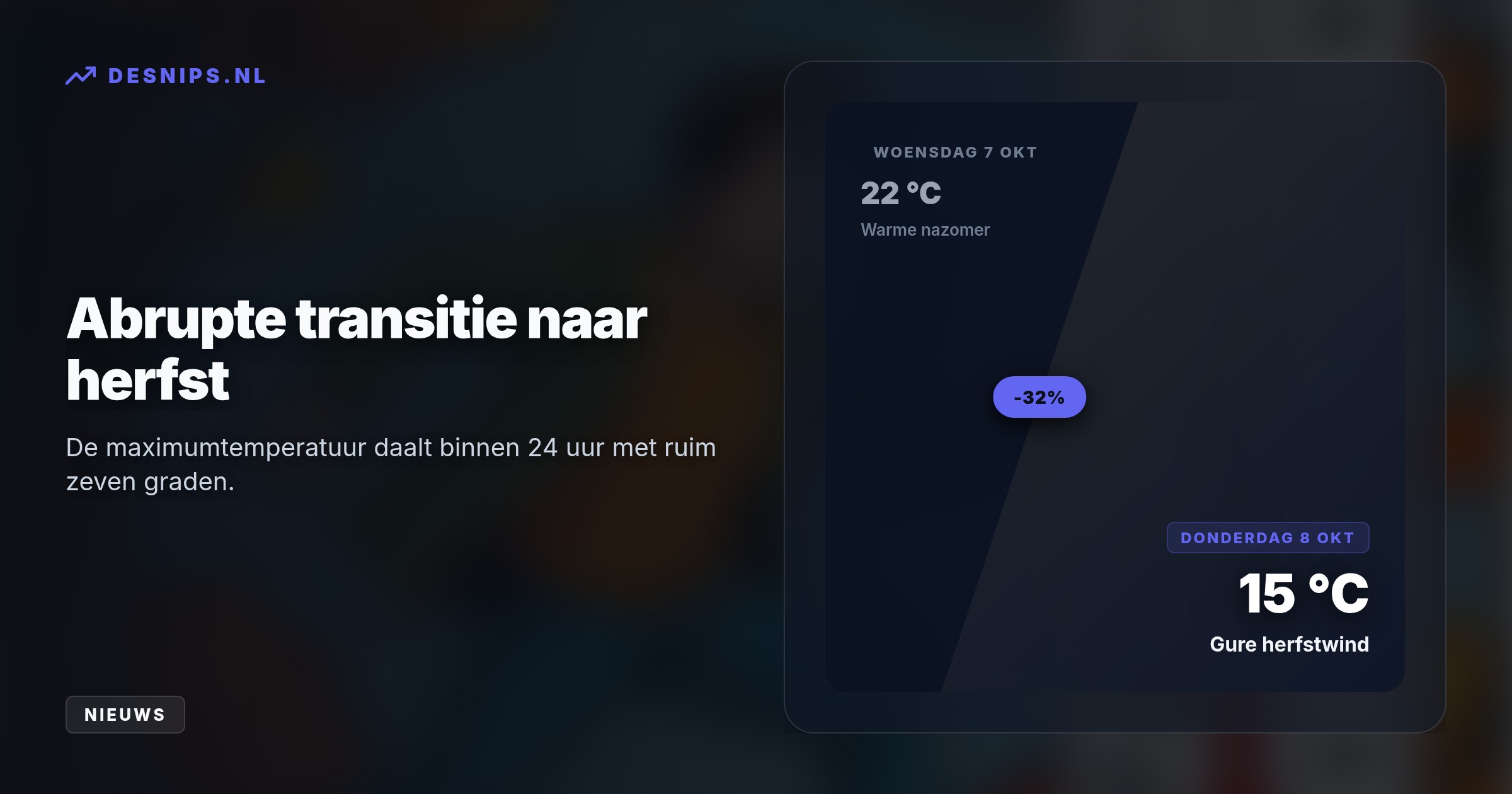 Een gure noordwestenwind brengt vanaf donderdag herfstbuien en kou, waardoor de temperatuur daalt van 22 naar 14 graden en de bossen versneld verkleuren.