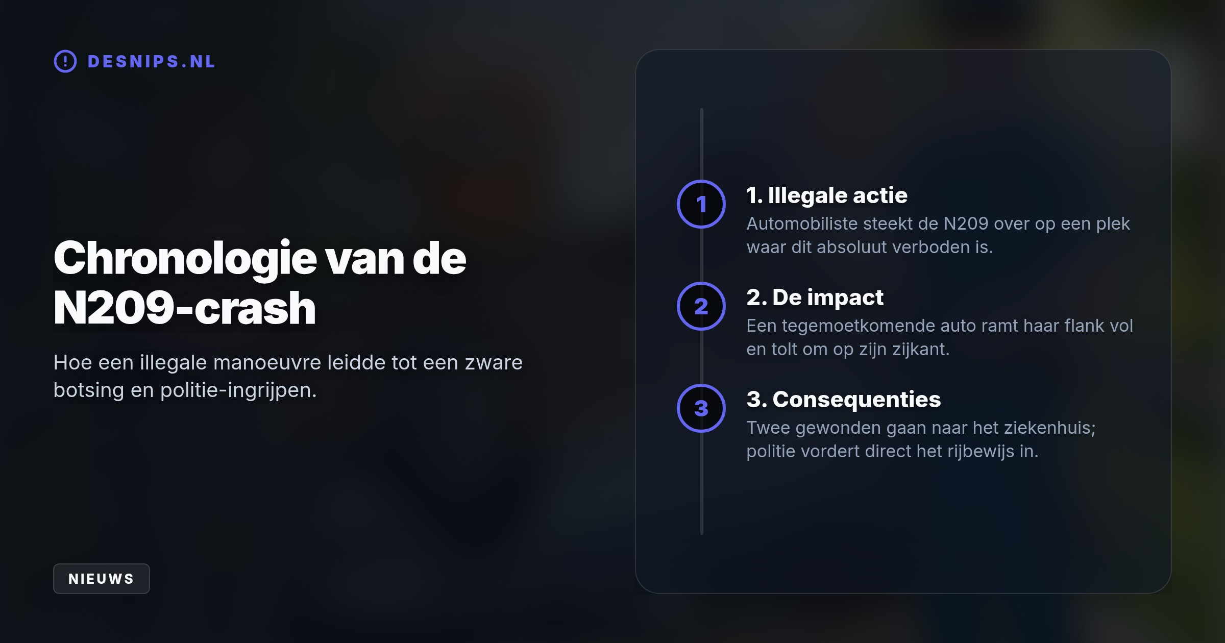 Nadat een vrouw de N209 illegaal overstak, botste een auto op haar flank en belandde op z'n zijkant. Twee bestuurders raakten gewond en haar rijbewijs is direct ingenomen.
