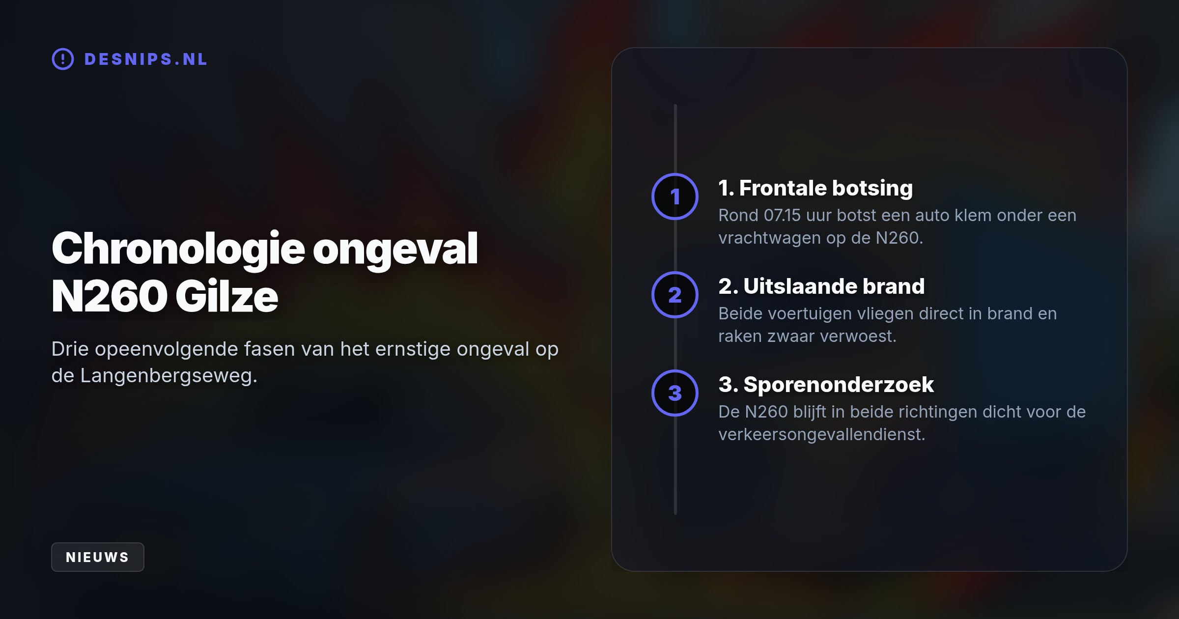 Een auto schoof onder een vrachtwagen op de N260. Beide voertuigen vlogen in brand, waardoor de weg dicht is voor sporenonderzoek en de identiteit van betrokkenen nog niet vaststaat.