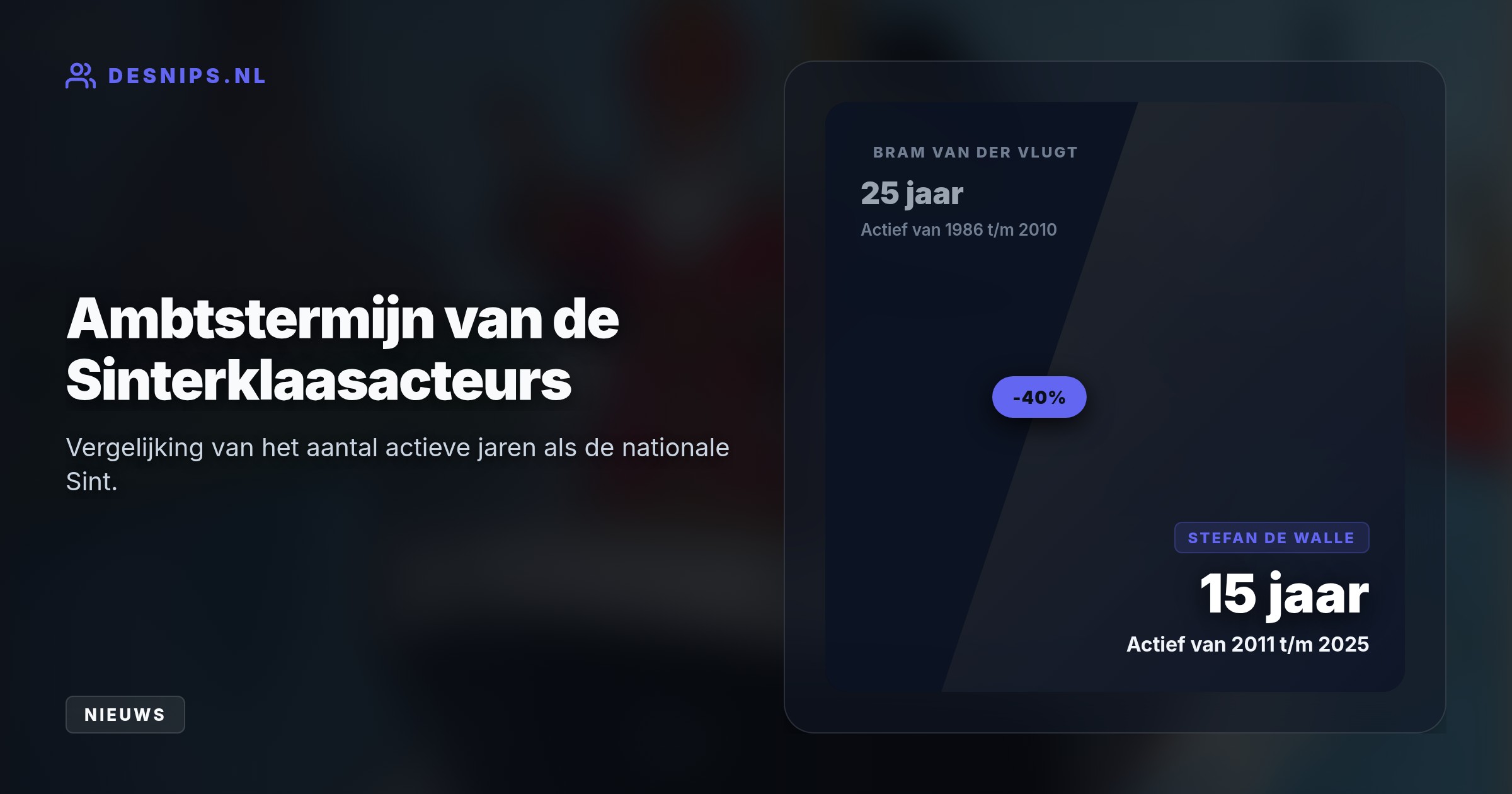 De landelijke intocht vindt plaats op de eerste zaterdag na Sint-Maarten. Na 15 jaar trouwe dienst stopt acteur Stefan de Walle als de landelijke hulpsint.