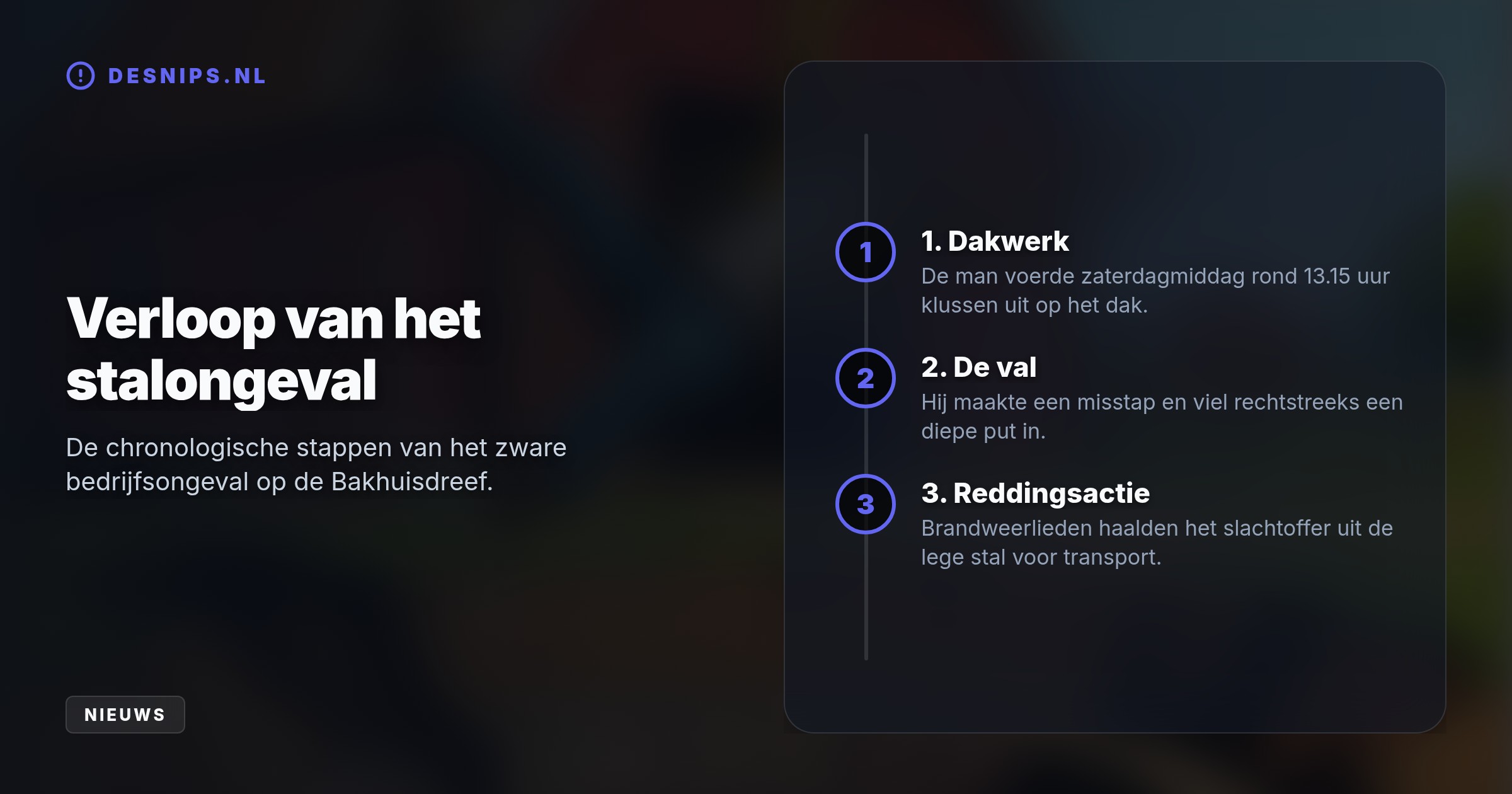 Het slachtoffer viel tijdens werkzaamheden aan een staldak op de Bakhuisdreef. De Arbeidsinspectie onderzoekt de toedracht en de veiligheid op het erf.