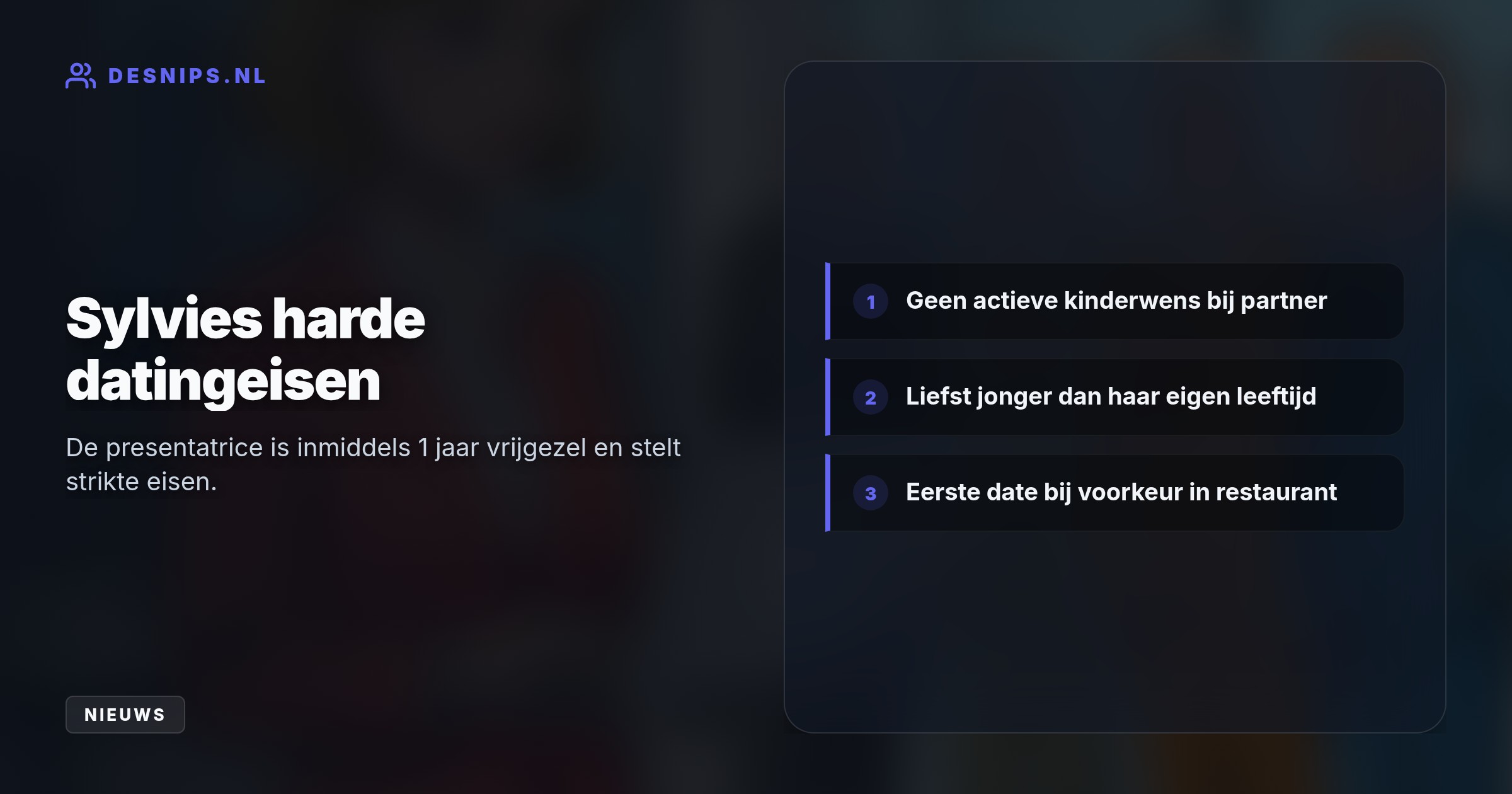 De 48-jarige presentatrice focust in 2026 volledig op haar carrière, maar staat open voor een nieuwe liefde mits hij aan haar specifieke, jonge levensstijl en eisen voldoet.
