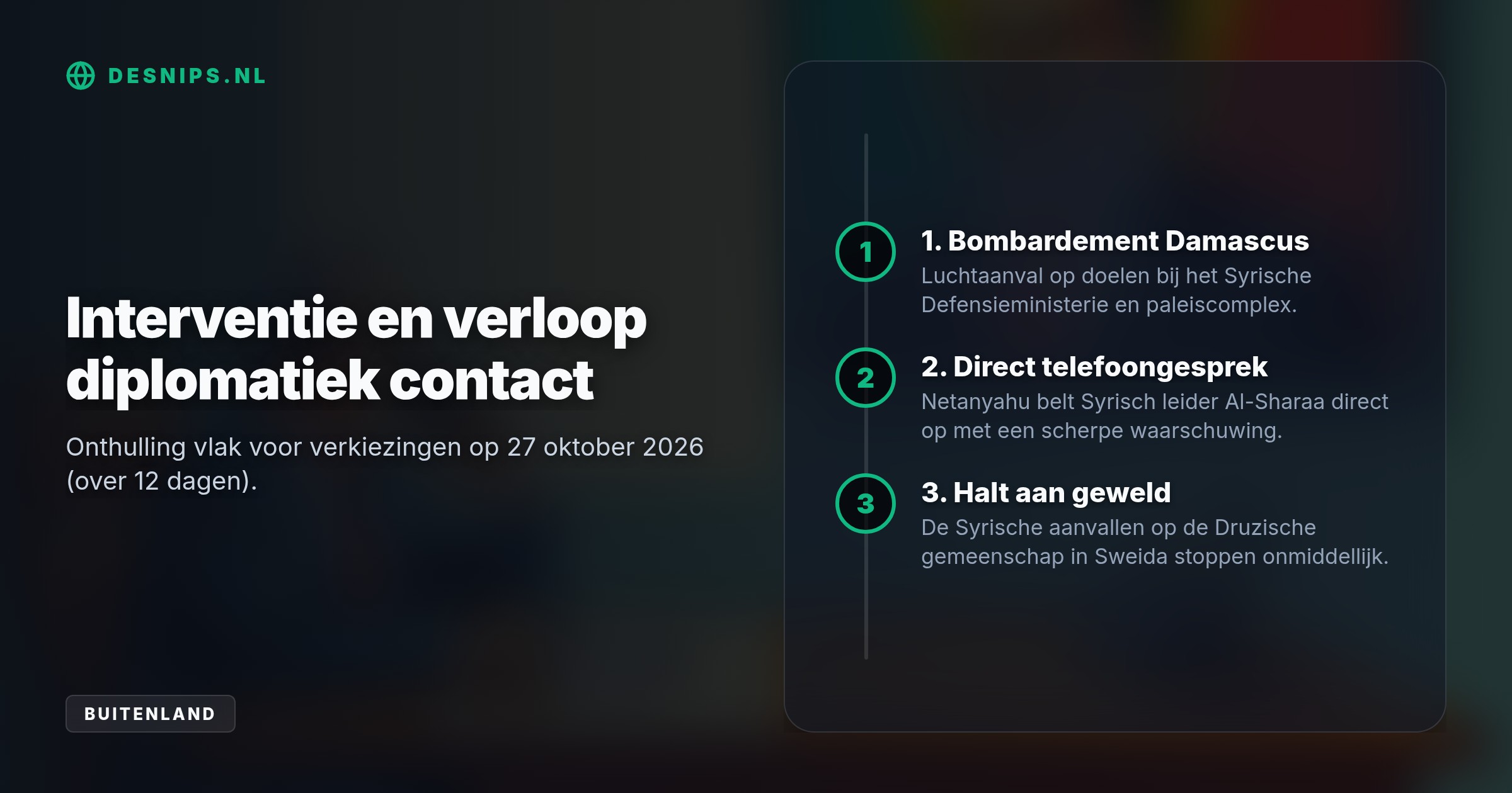 In de aanloop naar verkiezingen maakte Netanyahu bekend dat hij in 2025 Syrisch leider Al-Sharaa opbelde na bombardementen op Damascus, waarna geweld tegen Druzen stopte.
