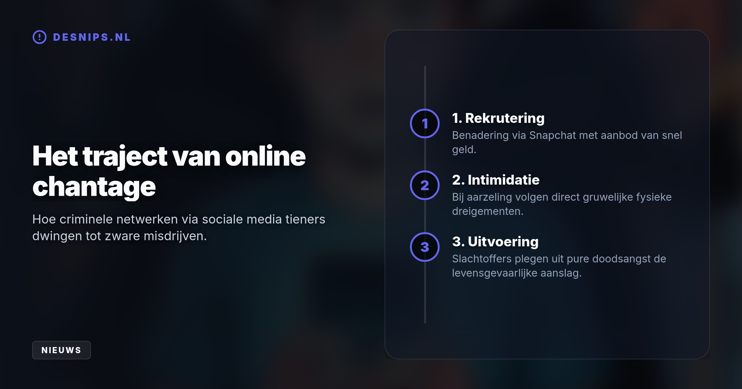 Criminelen dreigden zijn vingers af te snijden en hem te verkrachten. Onder deze extreme druk plaatste de radeloze tiener een zwaar explosief bij een woning.
